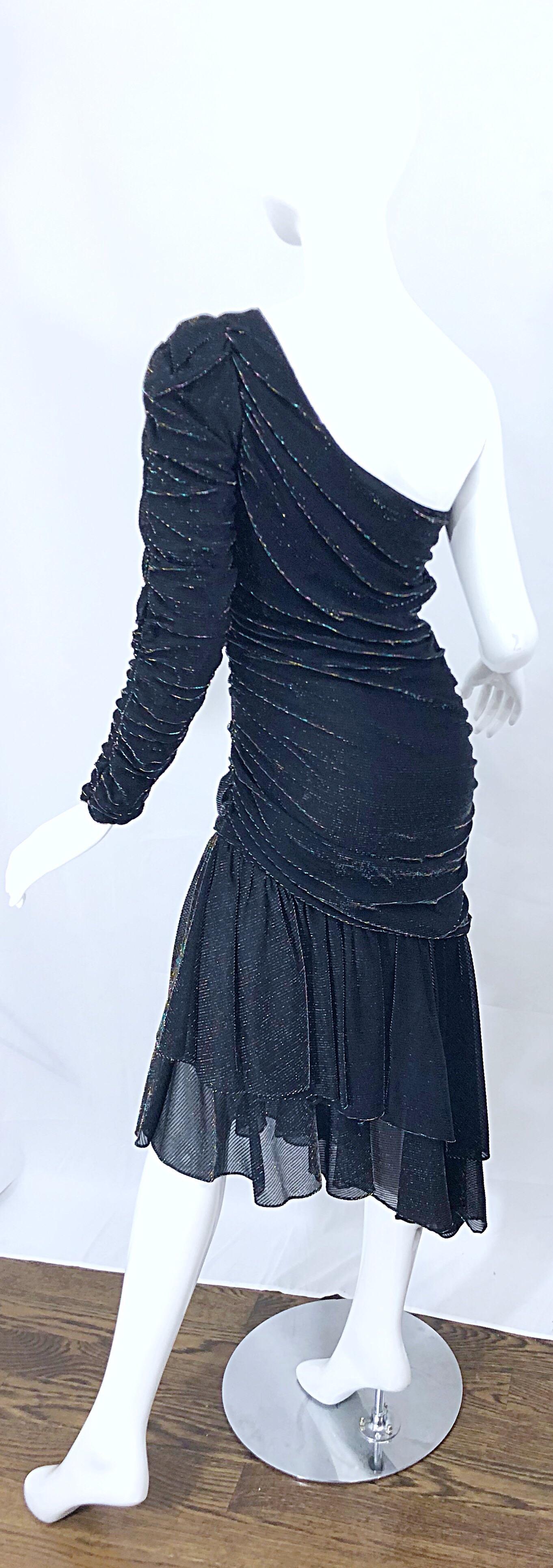 1980s Samir One Shoulder Black Metallic Rainbow Vintage 80s Cocktail Dress 5