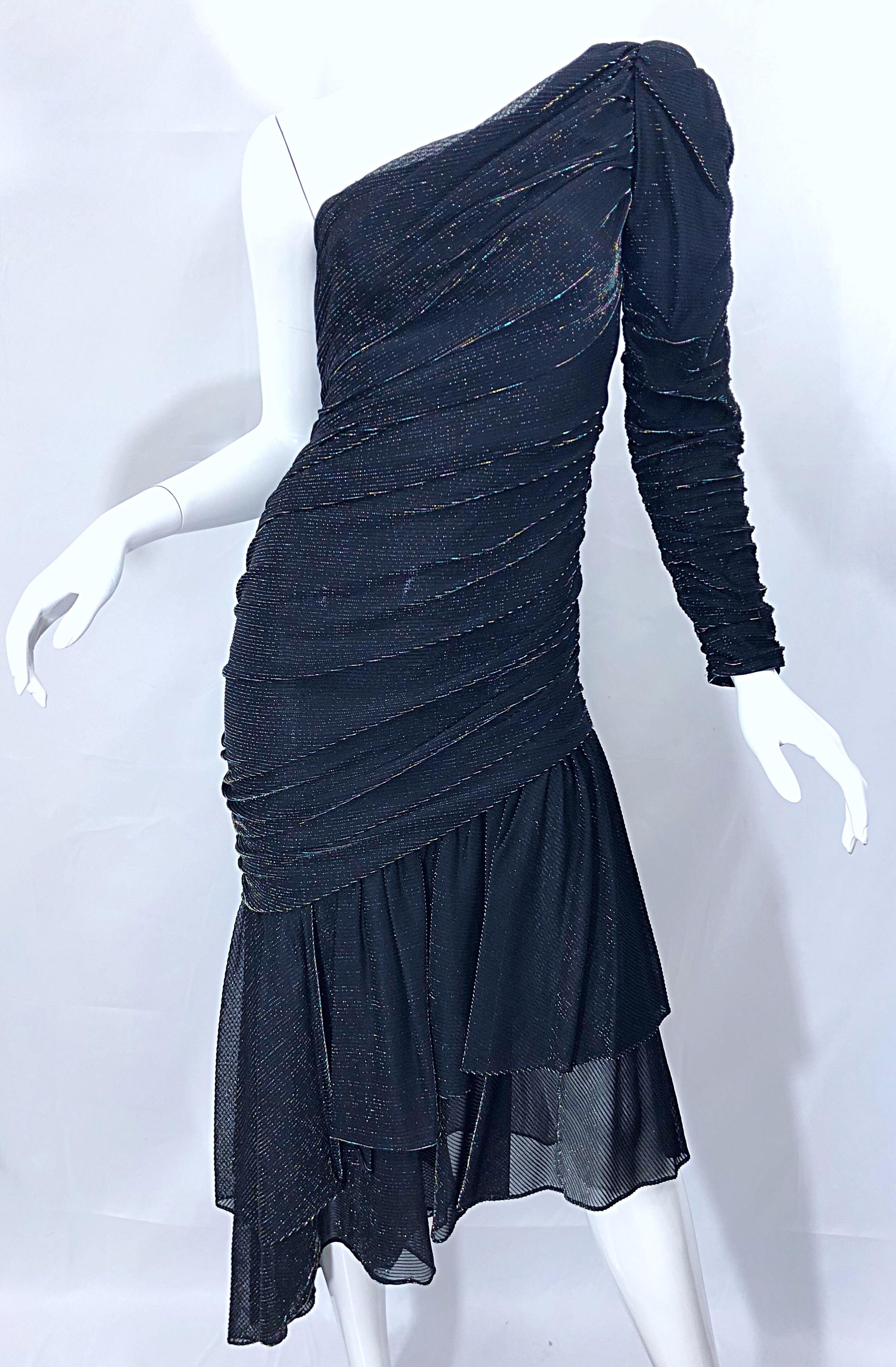 1980s Samir One Shoulder Black Metallic Rainbow Vintage 80s Cocktail Dress 7