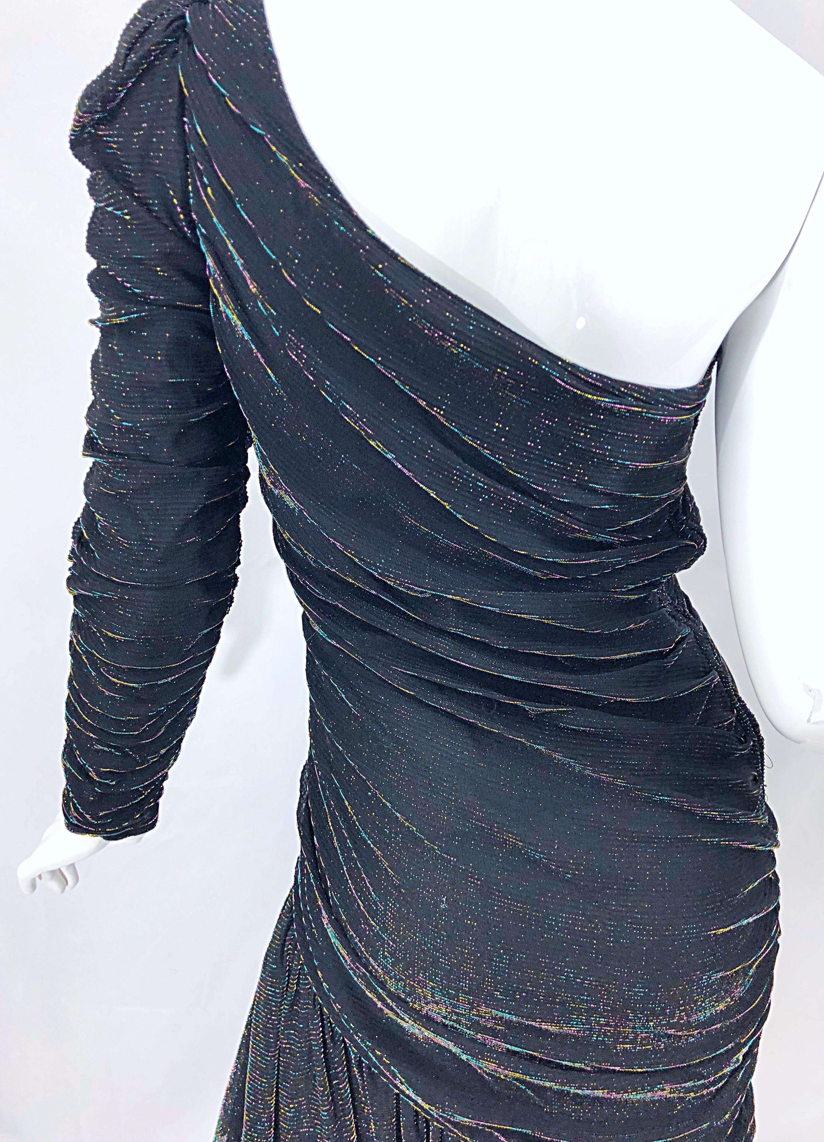 1980s Samir One Shoulder Black Metallic Rainbow Vintage 80s Cocktail Dress 1