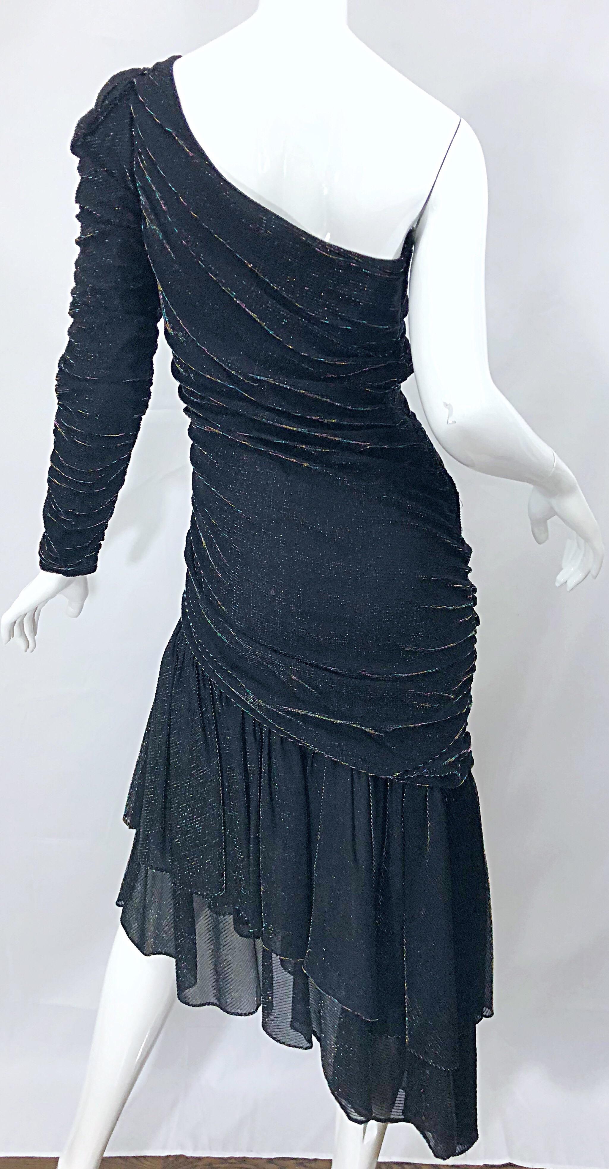 1980s Samir One Shoulder Black Metallic Rainbow Vintage 80s Cocktail Dress 2