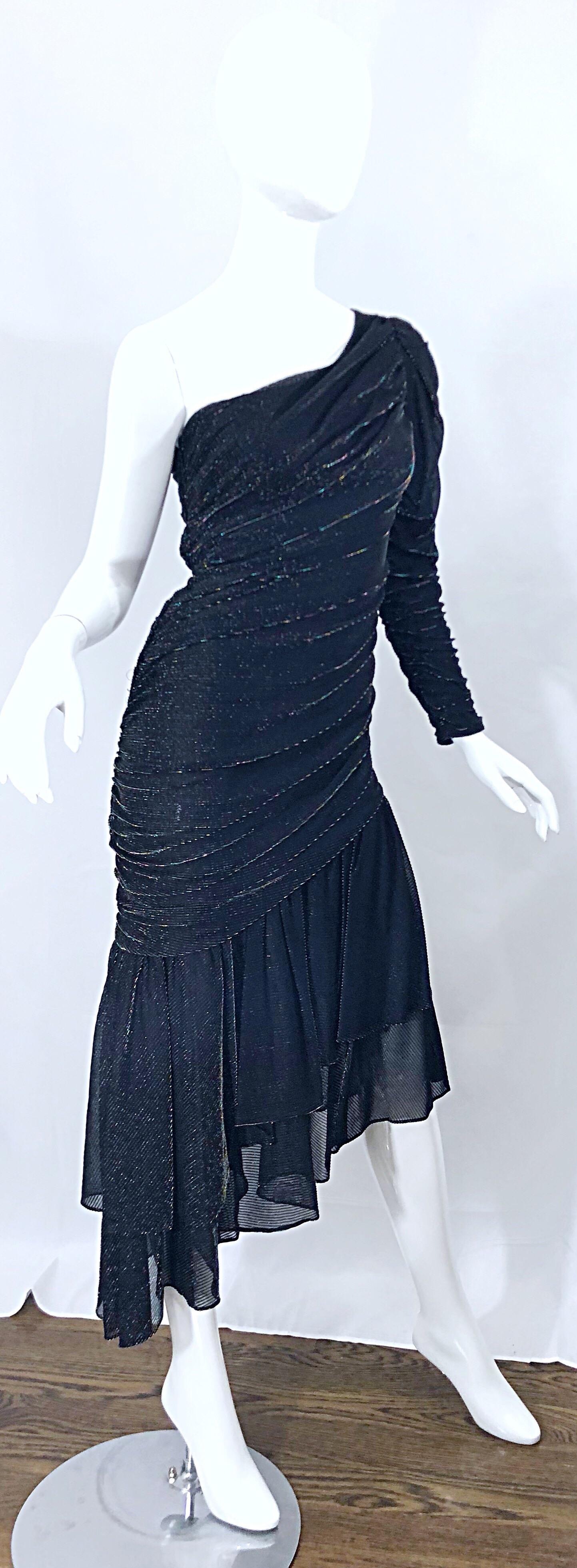 1980s Samir One Shoulder Black Metallic Rainbow Vintage 80s Cocktail Dress 3