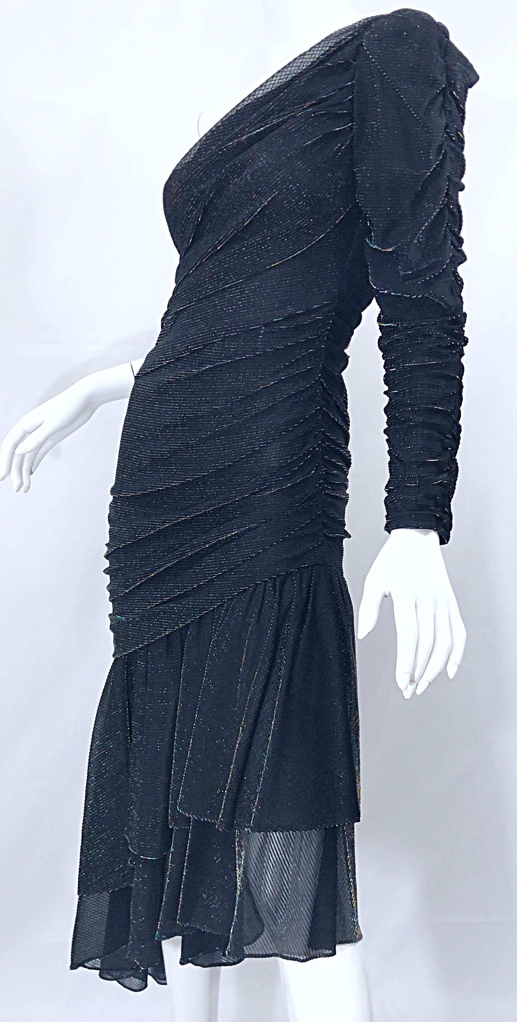 1980s Samir One Shoulder Black Metallic Rainbow Vintage 80s Cocktail Dress 4