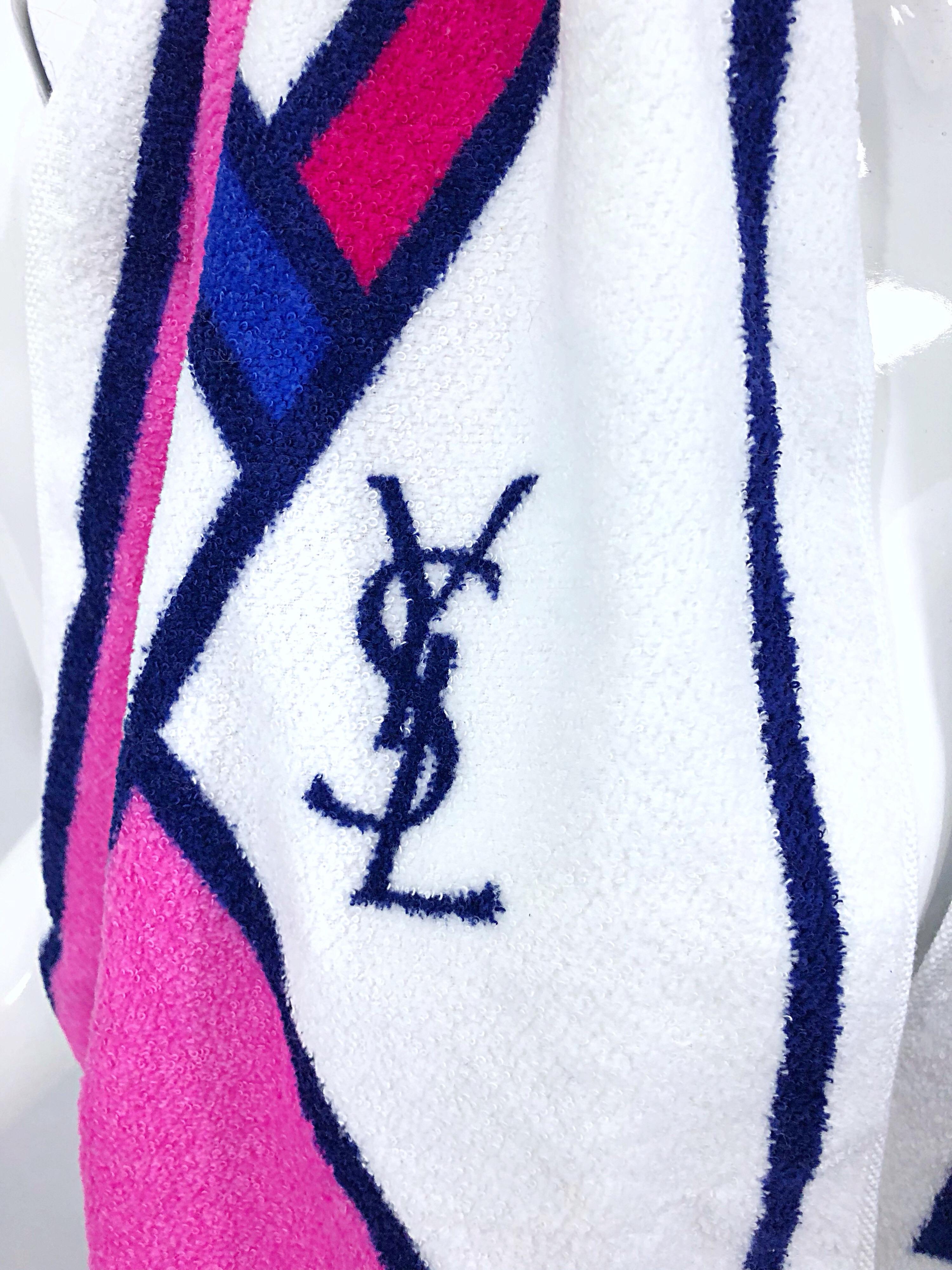 New Vintage Yves Saint Laurent YSL Pink + Purple Logo Workout Towel For Sale 1