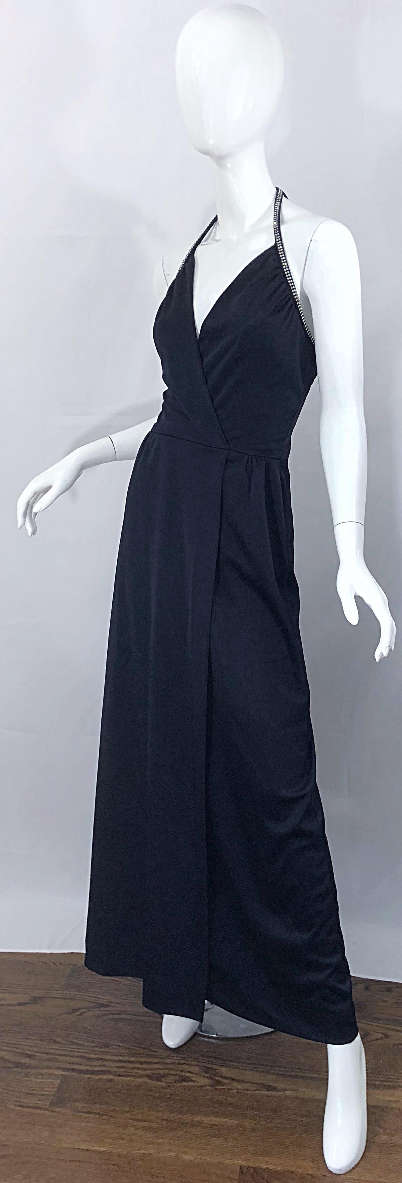 Women's 1970s Lilli Diamond Black Jersey Rhinestone Vintage 70s Wrap Maxi Dress Gown For Sale
