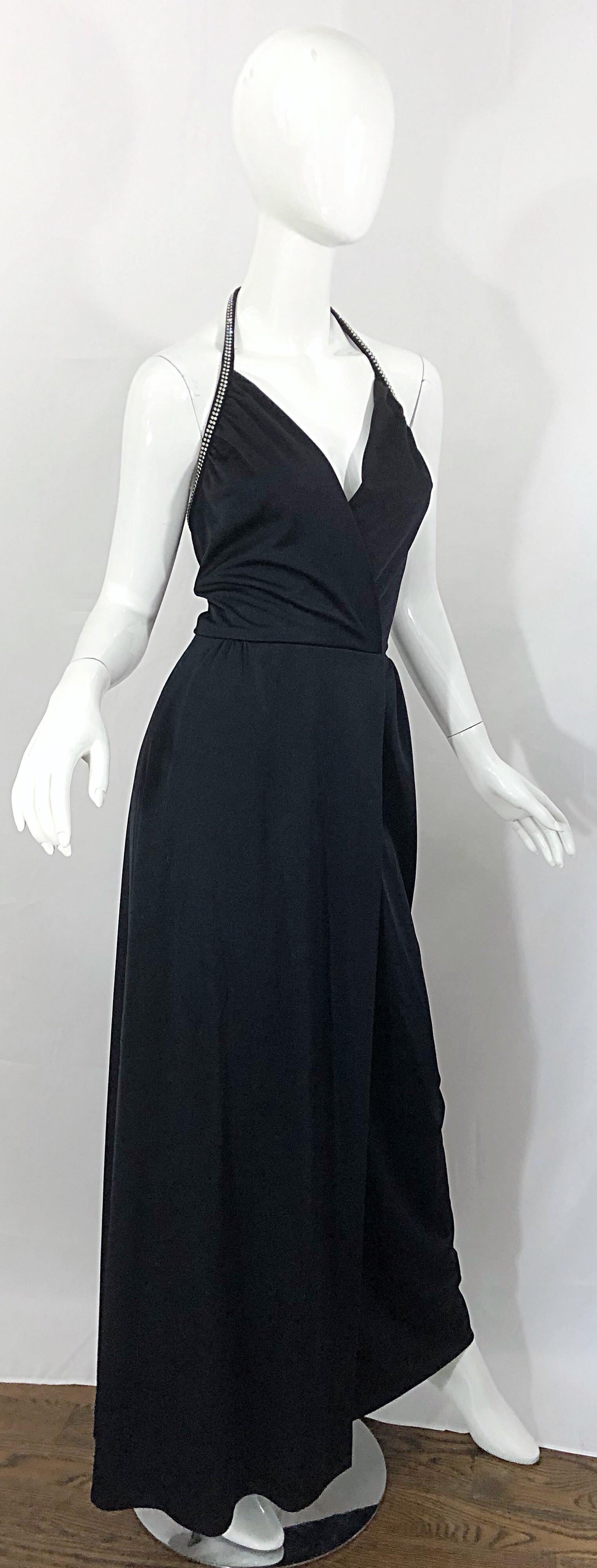1970s Lilli Diamond Black Jersey Rhinestone Vintage 70s Wrap Maxi Dress Gown For Sale 1