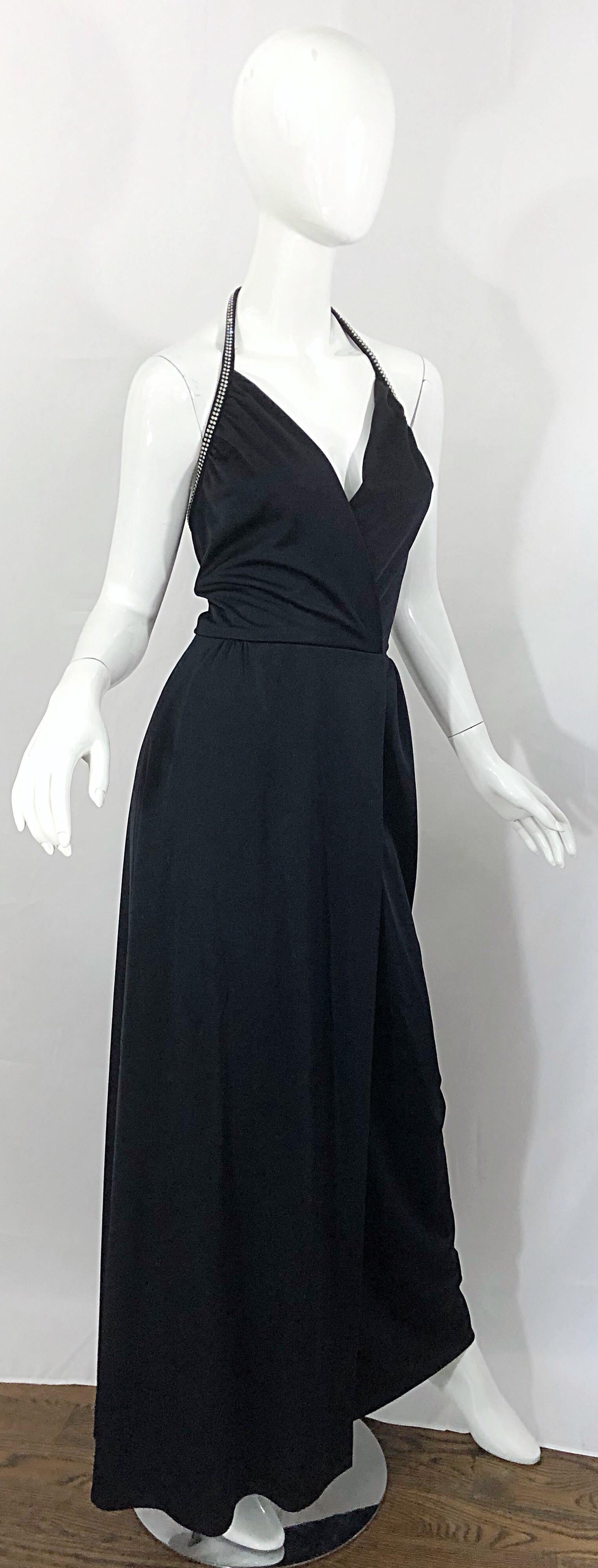 Donna 1970s Lilli Diamond Maglia Nera Strass Vintage 70s Wrap Maxi Dress Gown in vendita