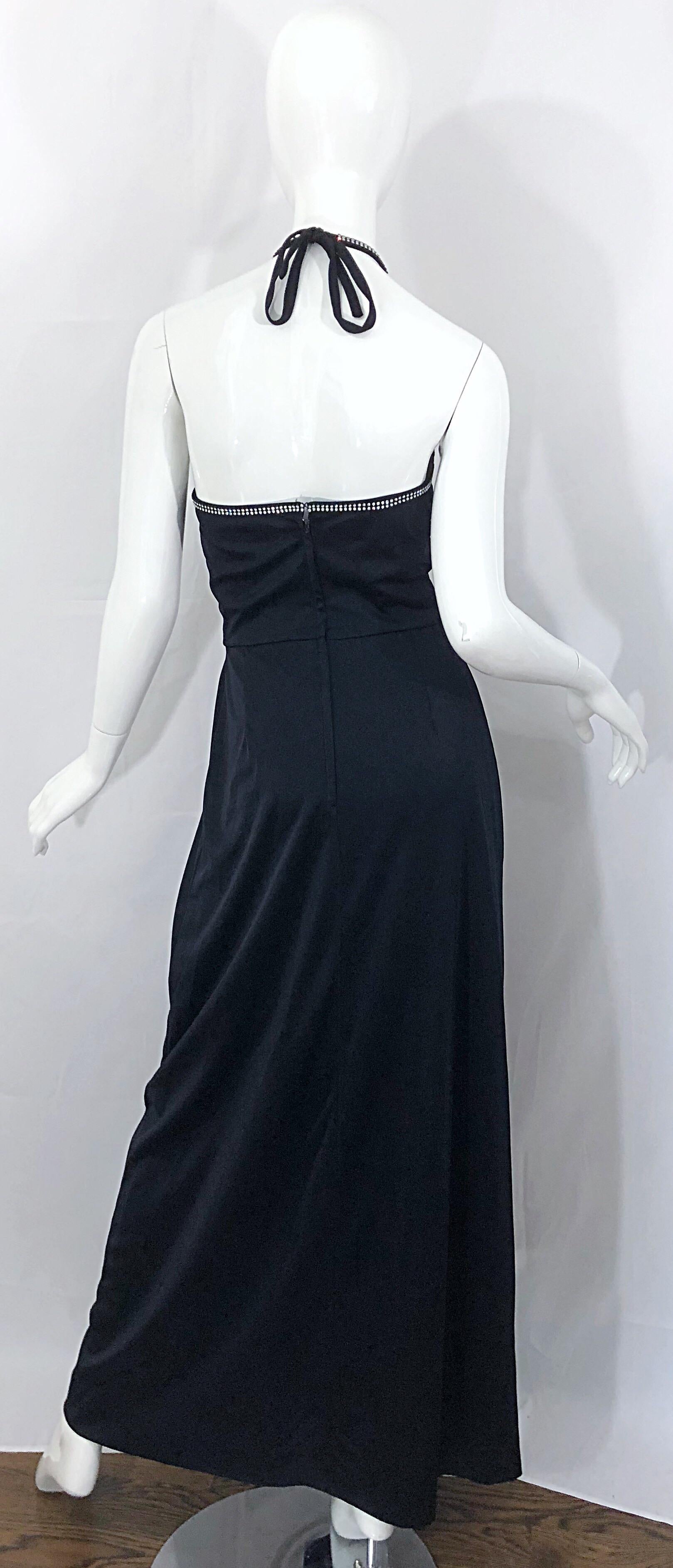 1970s Lilli Diamond Black Jersey Rhinestone Vintage 70s Wrap Maxi Dress Gown For Sale 2
