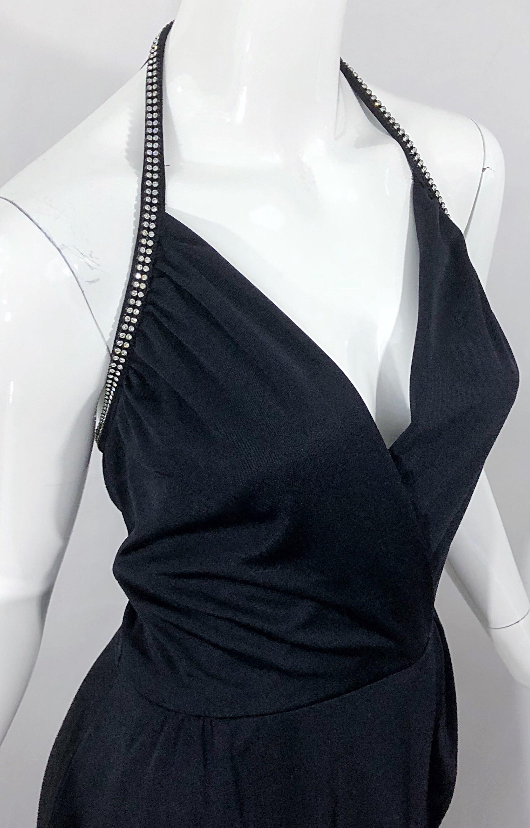 1970s Lilli Diamond Black Jersey Rhinestone Vintage 70s Wrap Maxi Dress Gown For Sale 3