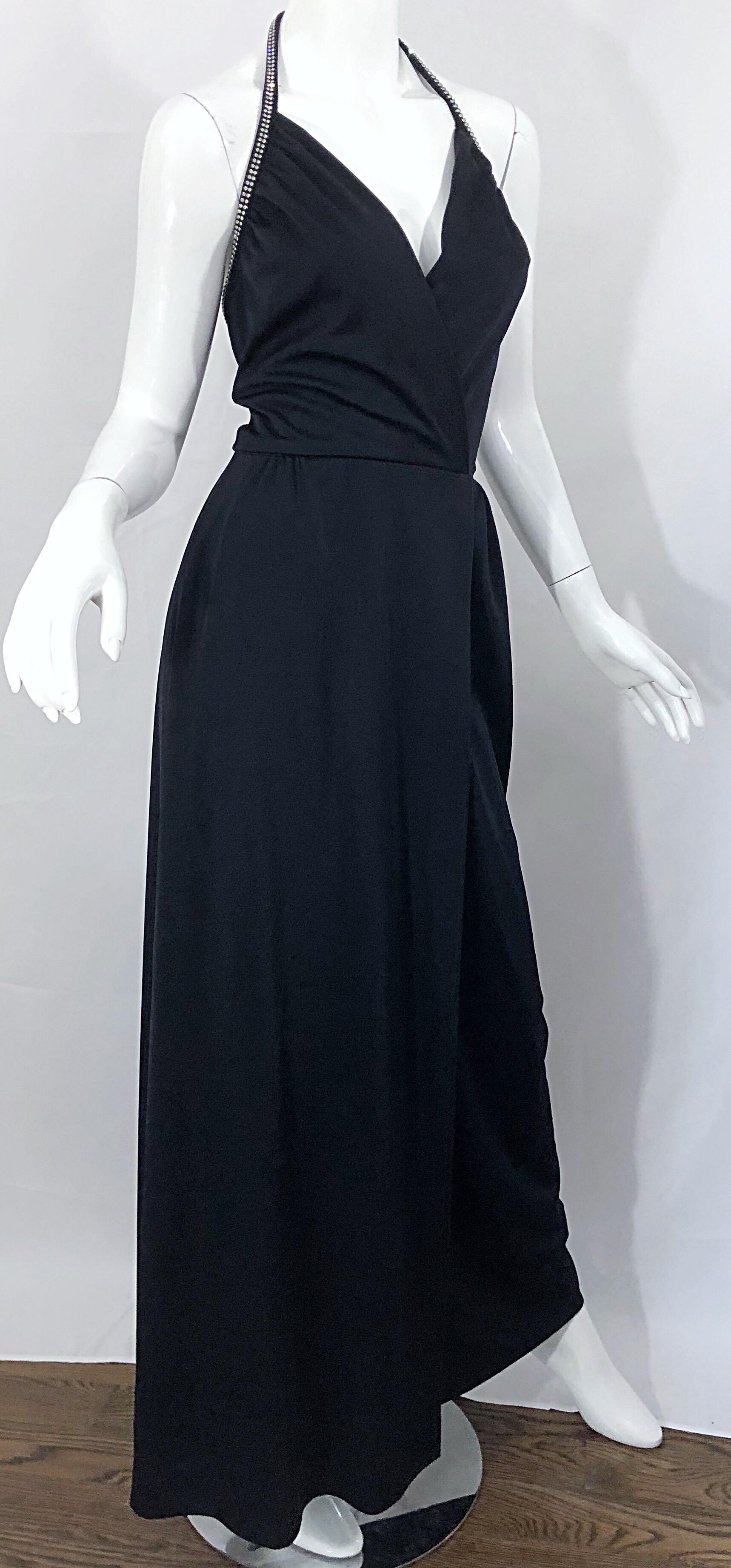 1970s Lilli Diamond Black Jersey Rhinestone Vintage 70s Wrap Maxi Dress Gown For Sale 4