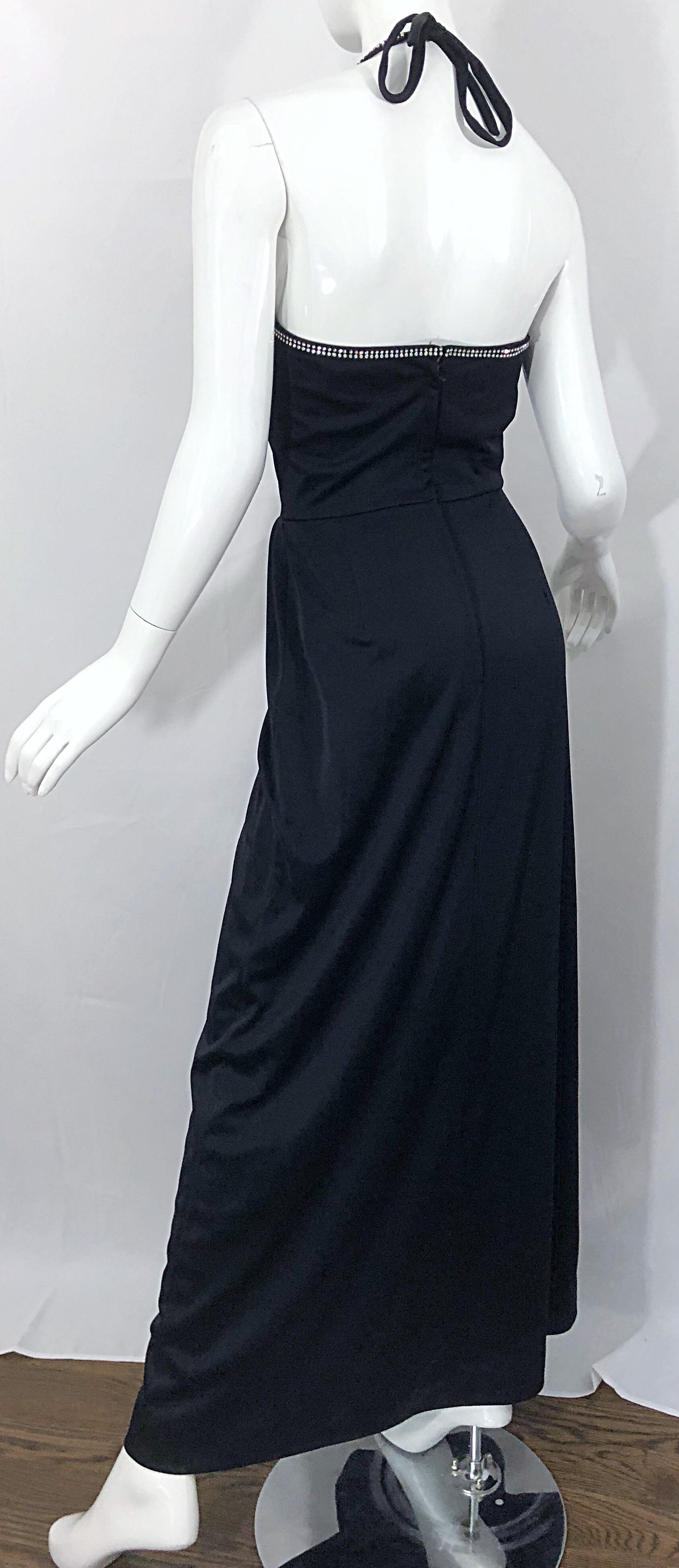 1970s Lilli Diamond Black Jersey Rhinestone Vintage 70s Wrap Maxi Dress Gown For Sale 5