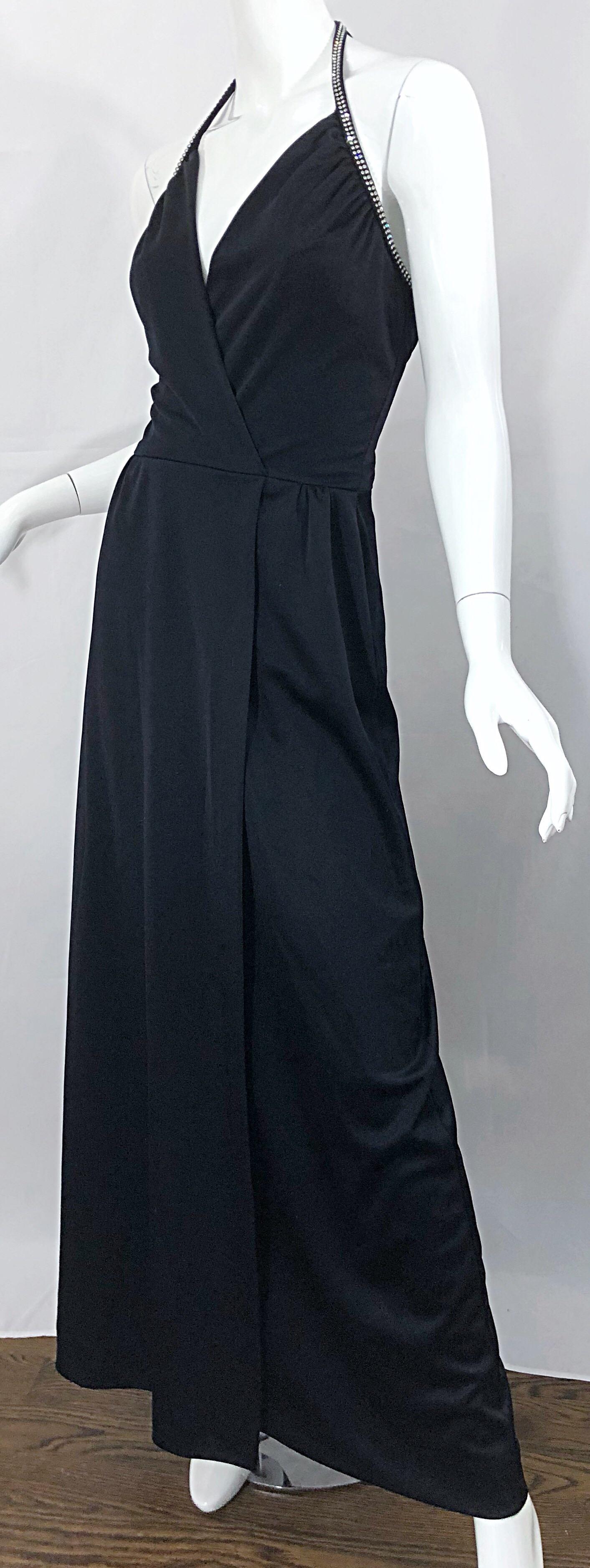 1970s Lilli Diamond Black Jersey Rhinestone Vintage 70s Wrap Maxi Dress Gown For Sale 6