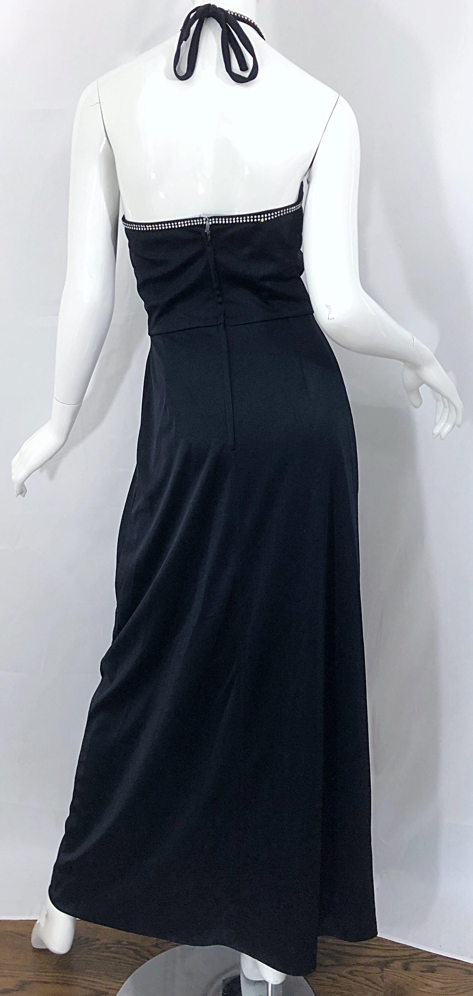 1970s Lilli Diamond Black Jersey Rhinestone Vintage 70s Wrap Maxi Dress Gown For Sale 8