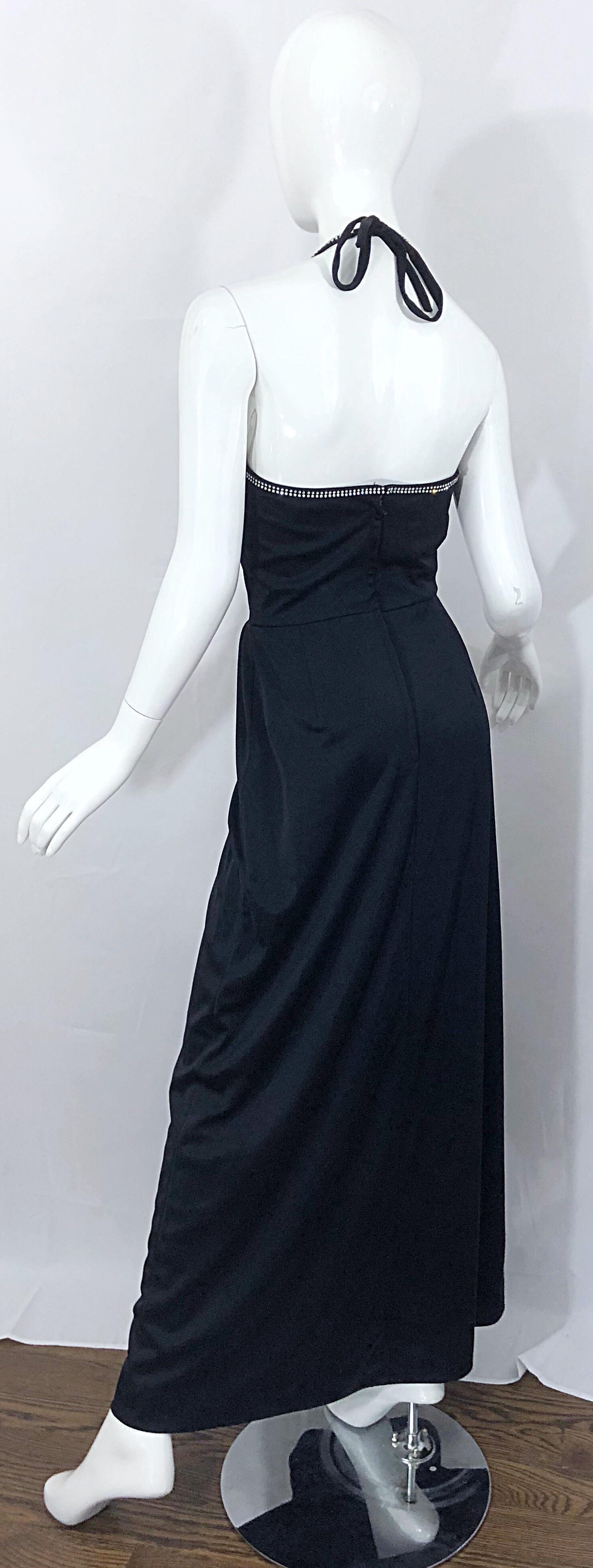 1970s Lilli Diamond Black Jersey Rhinestone Vintage 70s Wrap Maxi Dress Gown For Sale 9