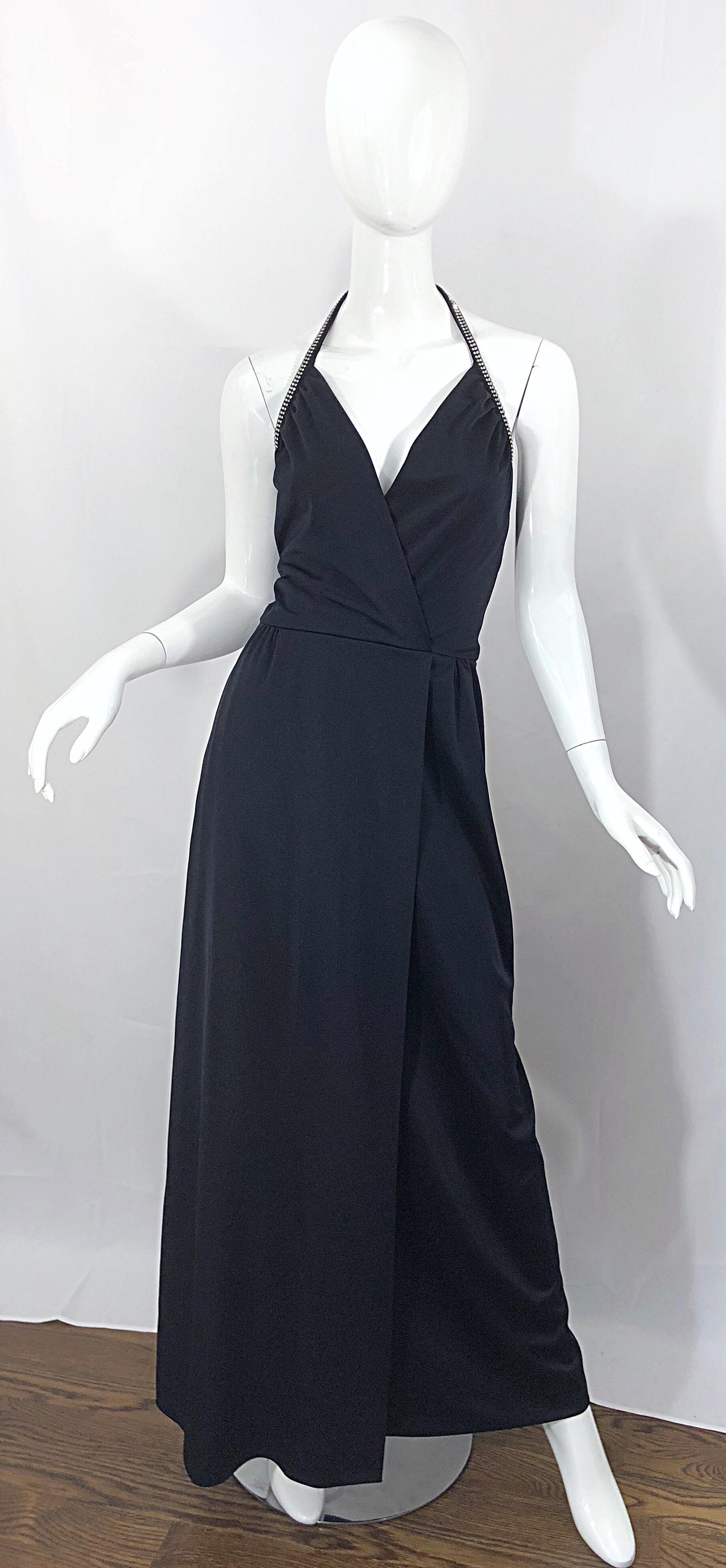 1970s Lilli Diamond Black Jersey Rhinestone Vintage 70s Wrap Maxi Dress Gown For Sale 10
