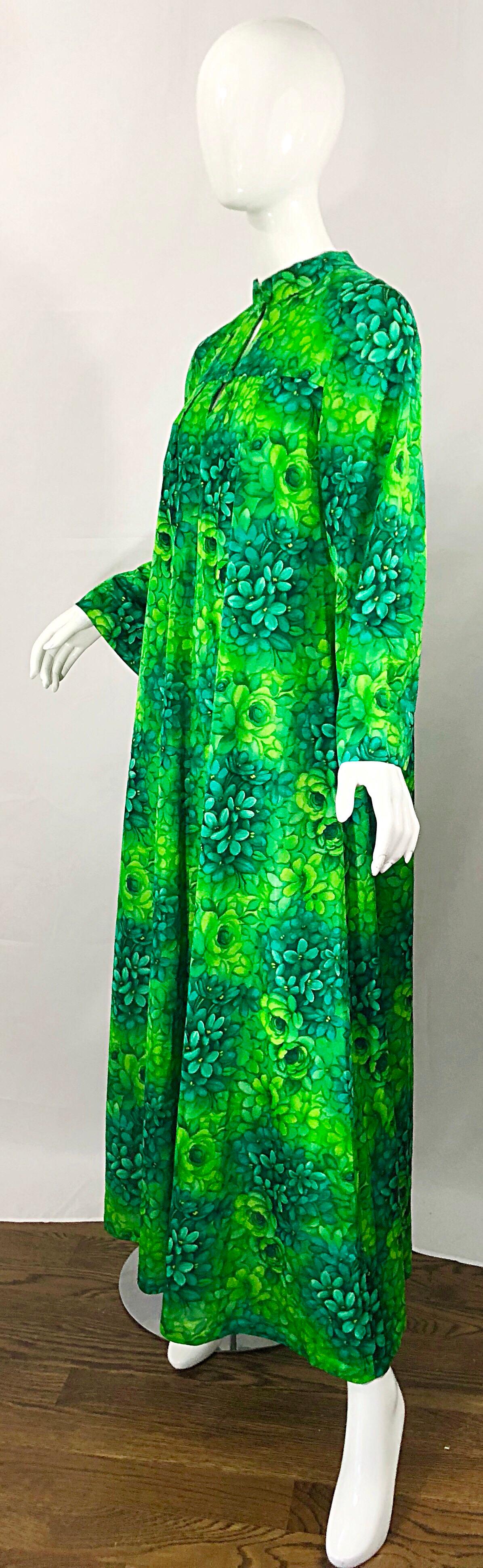 Amazing 1970s Neon + Kelly Green Abstract Flower Print 70s Vintage Caftan Dress 1