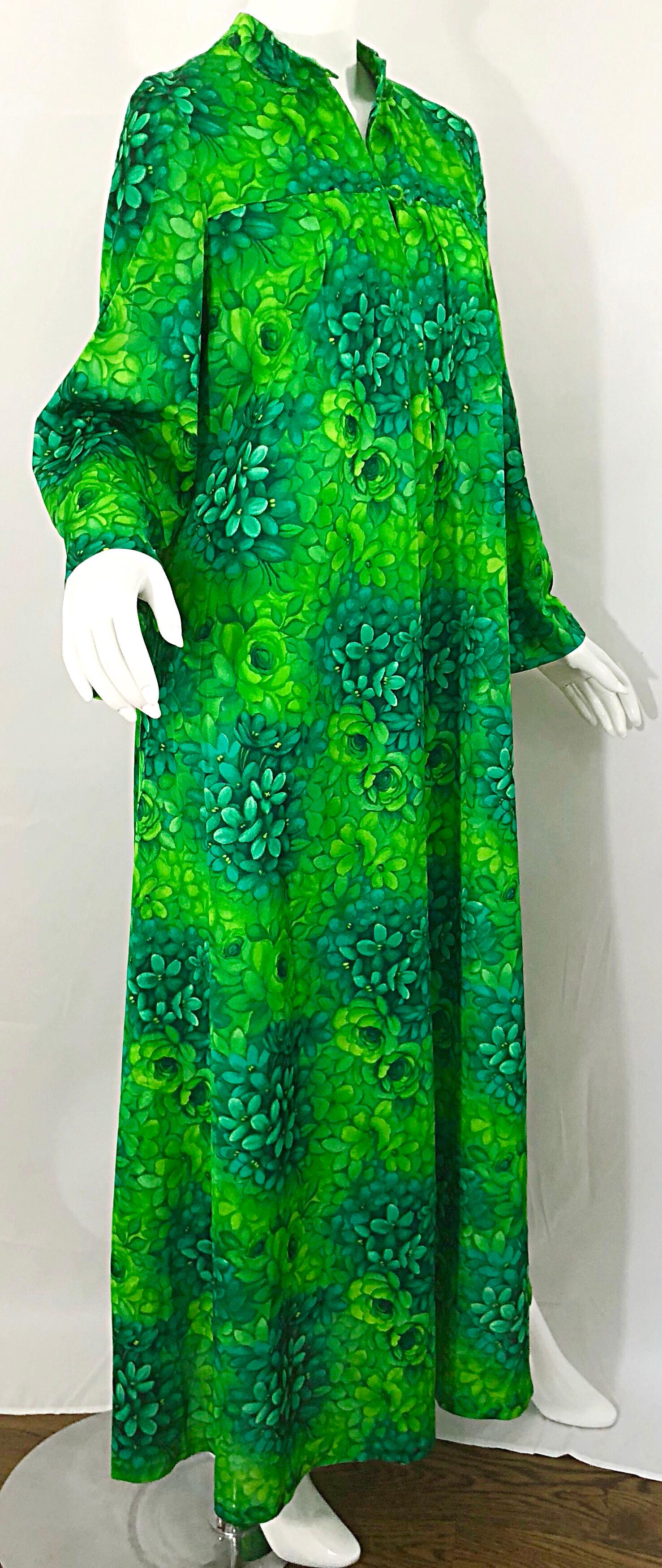 Amazing 1970s Neon + Kelly Green Abstract Flower Print 70s Vintage Caftan Dress 2