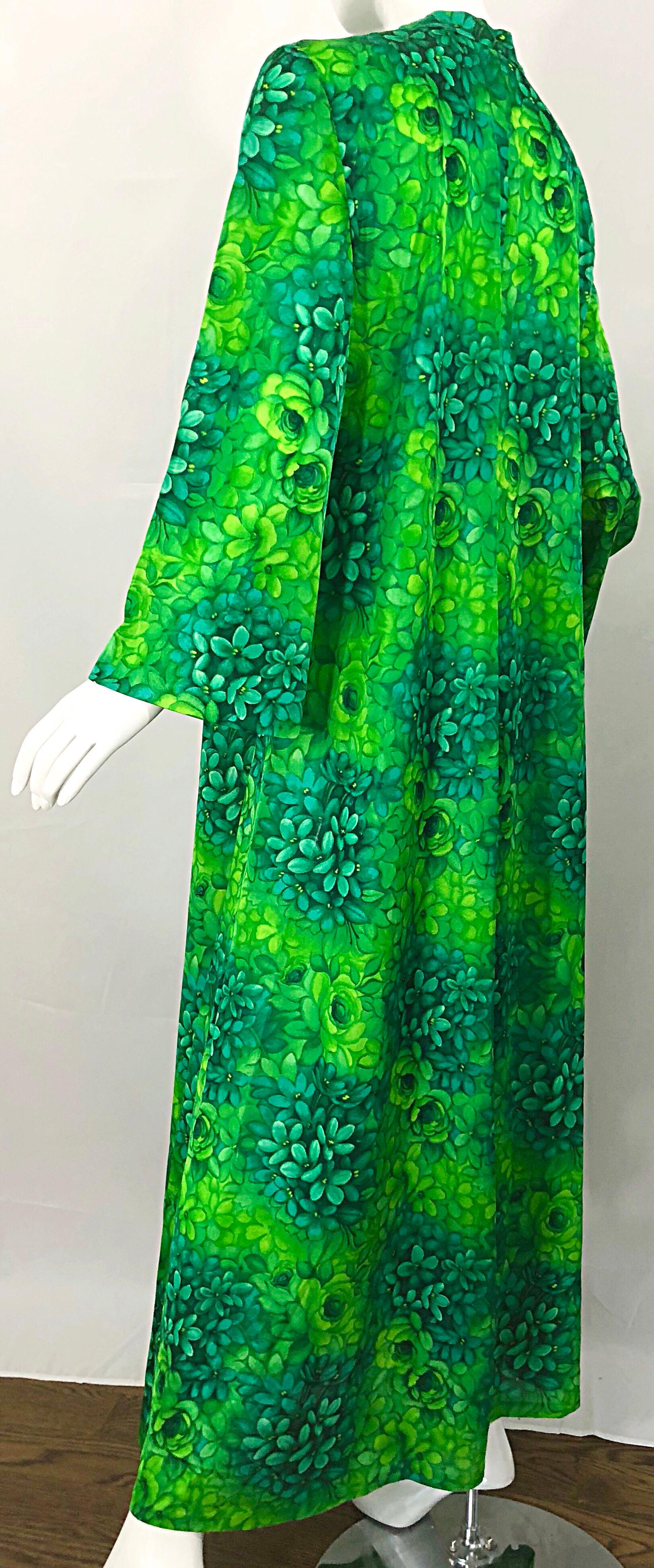 Amazing 1970s Neon + Kelly Green Abstract Flower Print 70s Vintage Caftan Dress 3