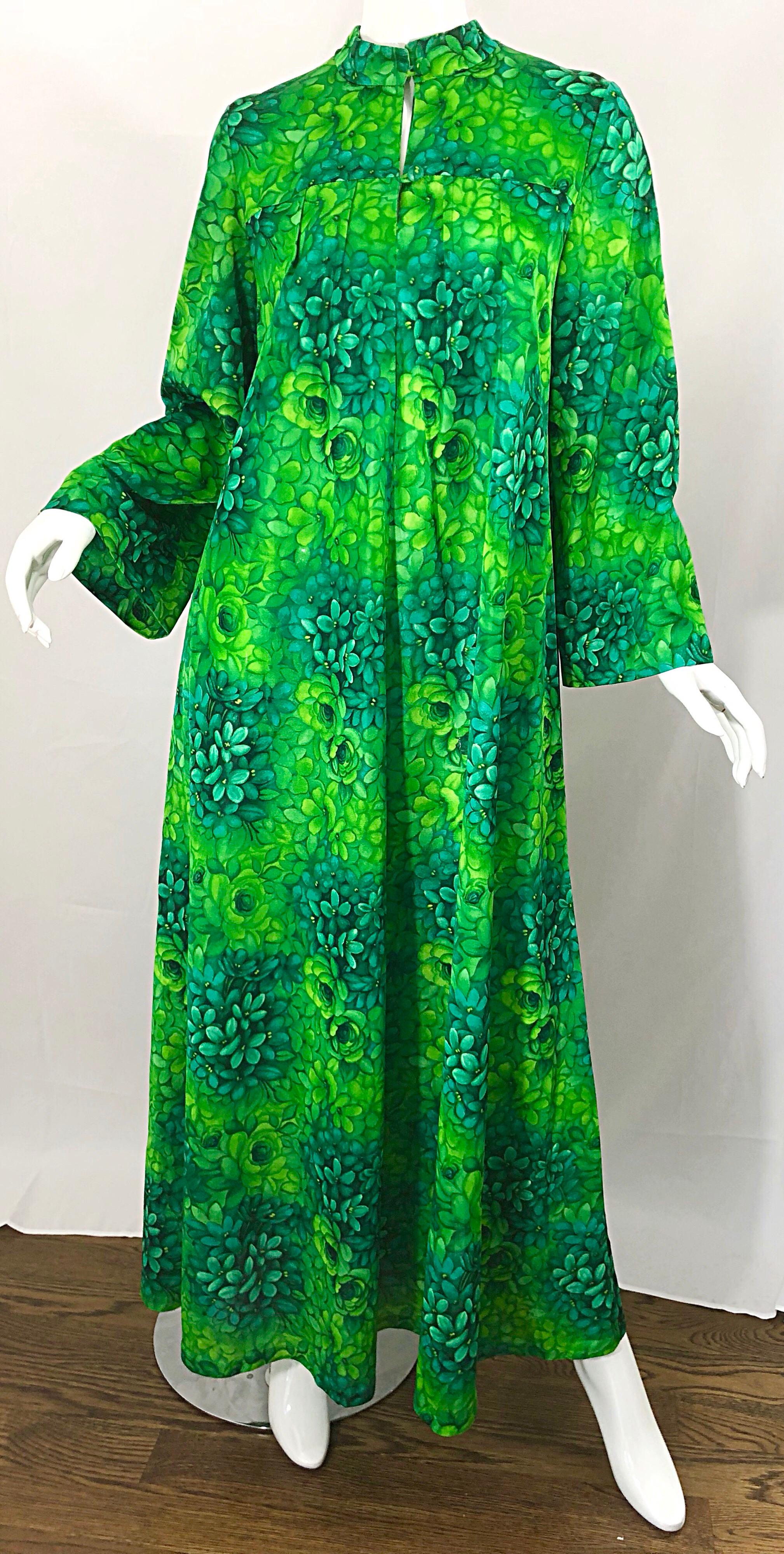 Amazing 1970s Neon + Kelly Green Abstract Flower Print 70s Vintage Caftan Dress 4