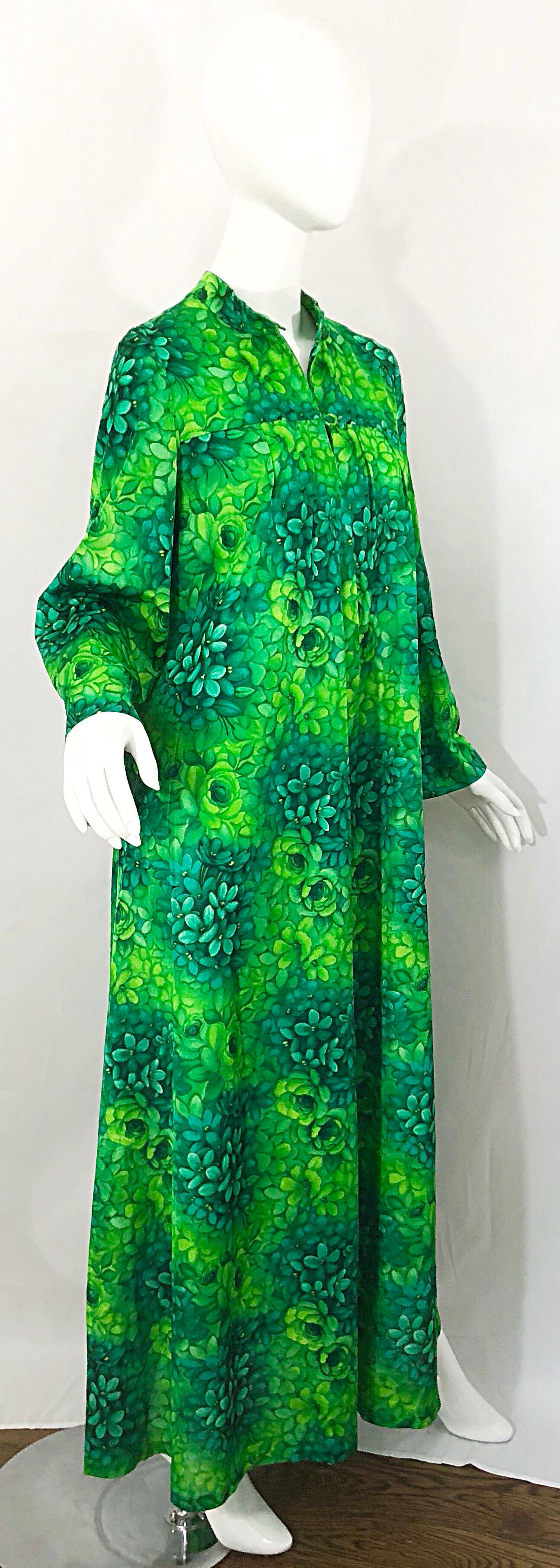 Amazing 1970s Neon + Kelly Green Abstract Flower Print 70s Vintage Caftan Dress 5
