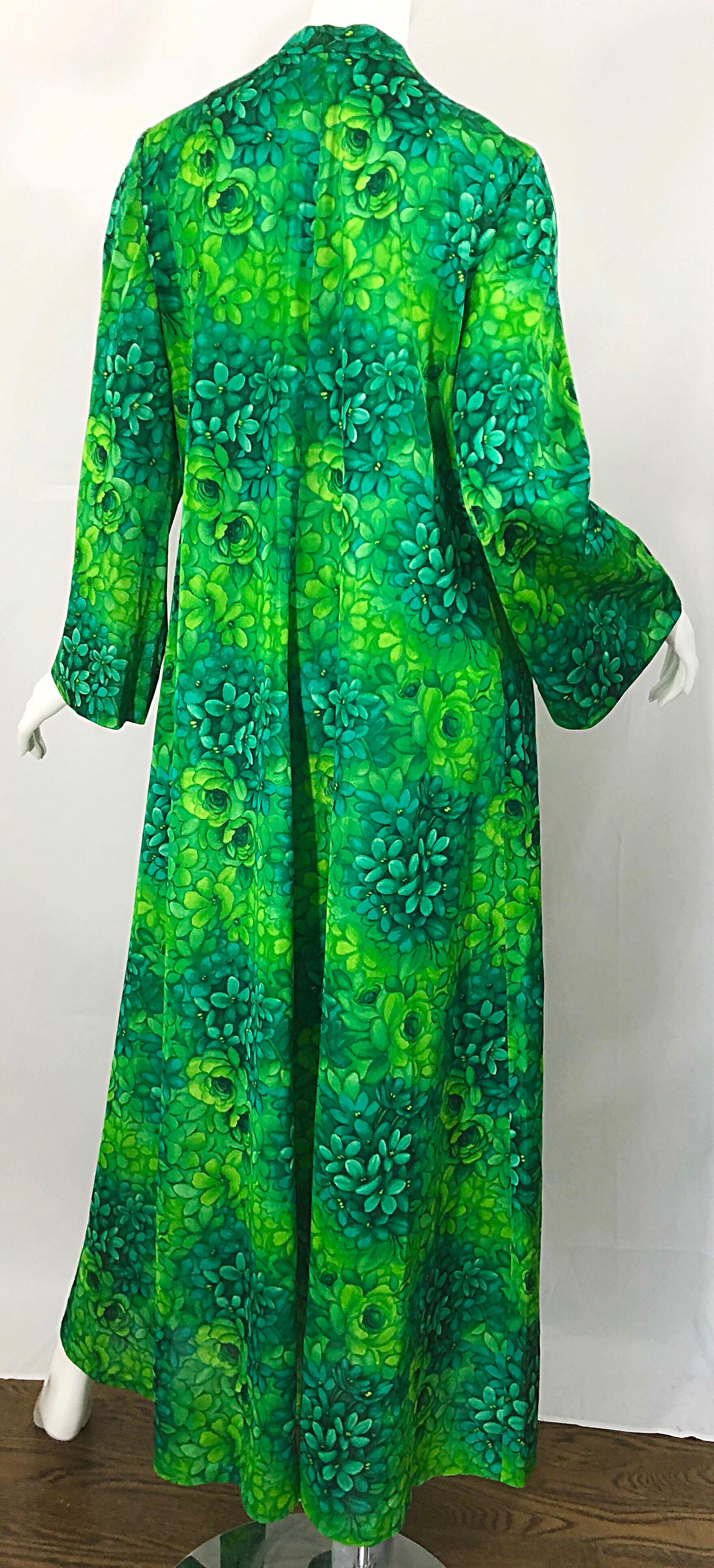Amazing 1970s Neon + Kelly Green Abstract Flower Print 70s Vintage Caftan Dress 6