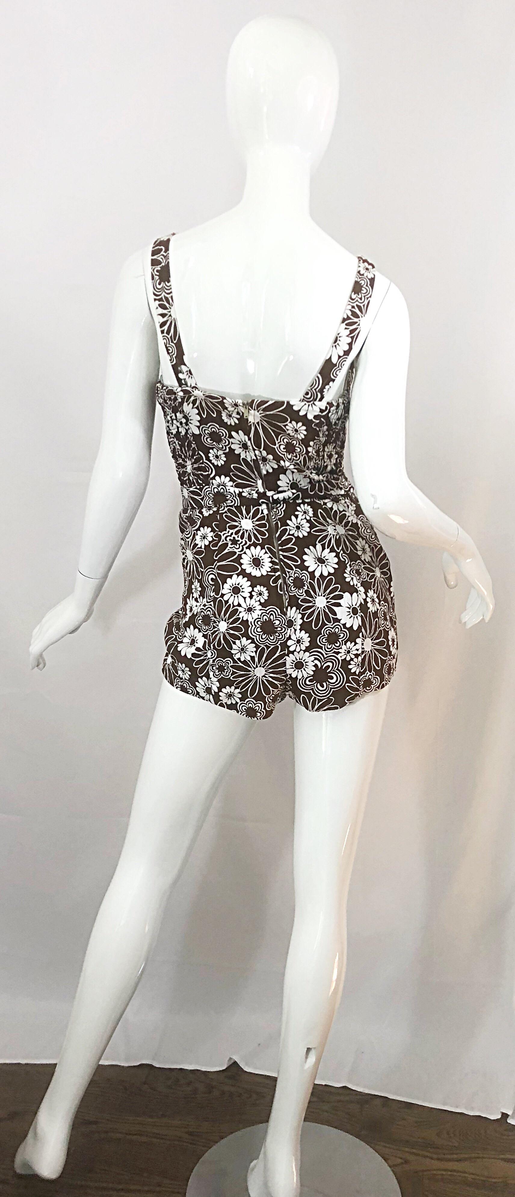 Black Chic 1960s Brown + White Belted One Piece Romper Swimsuit Vintage 60s Playsuit