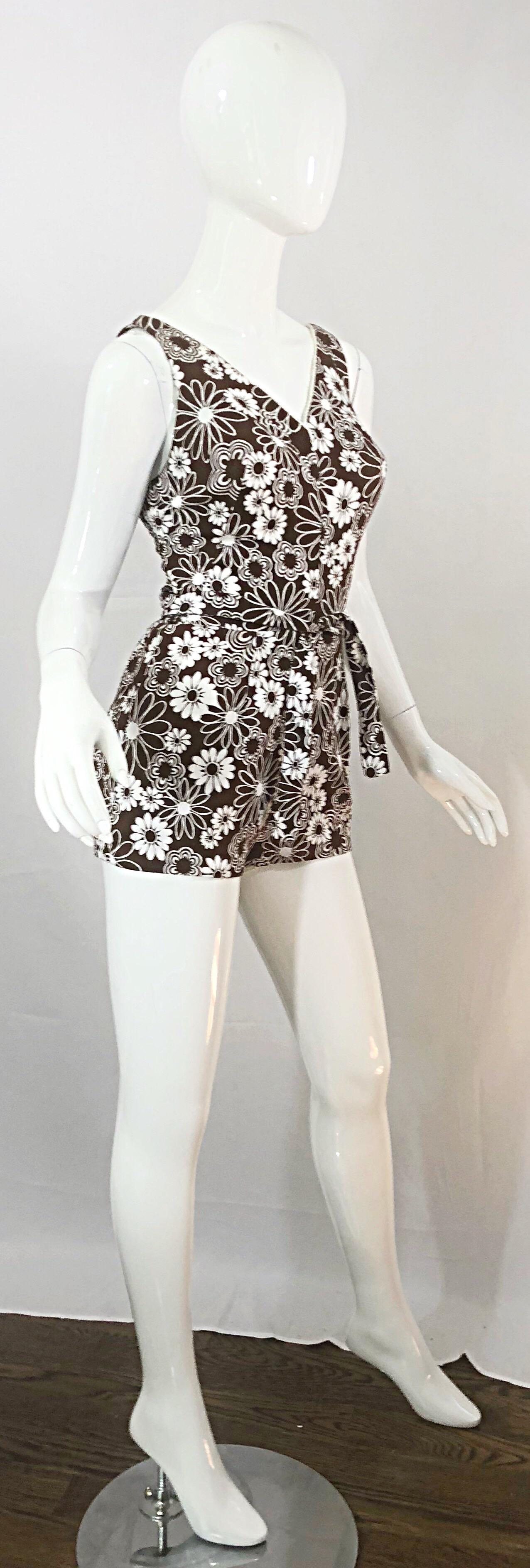 Chic 1960s Brown + White Belted One Piece Romper Swimsuit Vintage 60s Playsuit In Excellent Condition In San Diego, CA