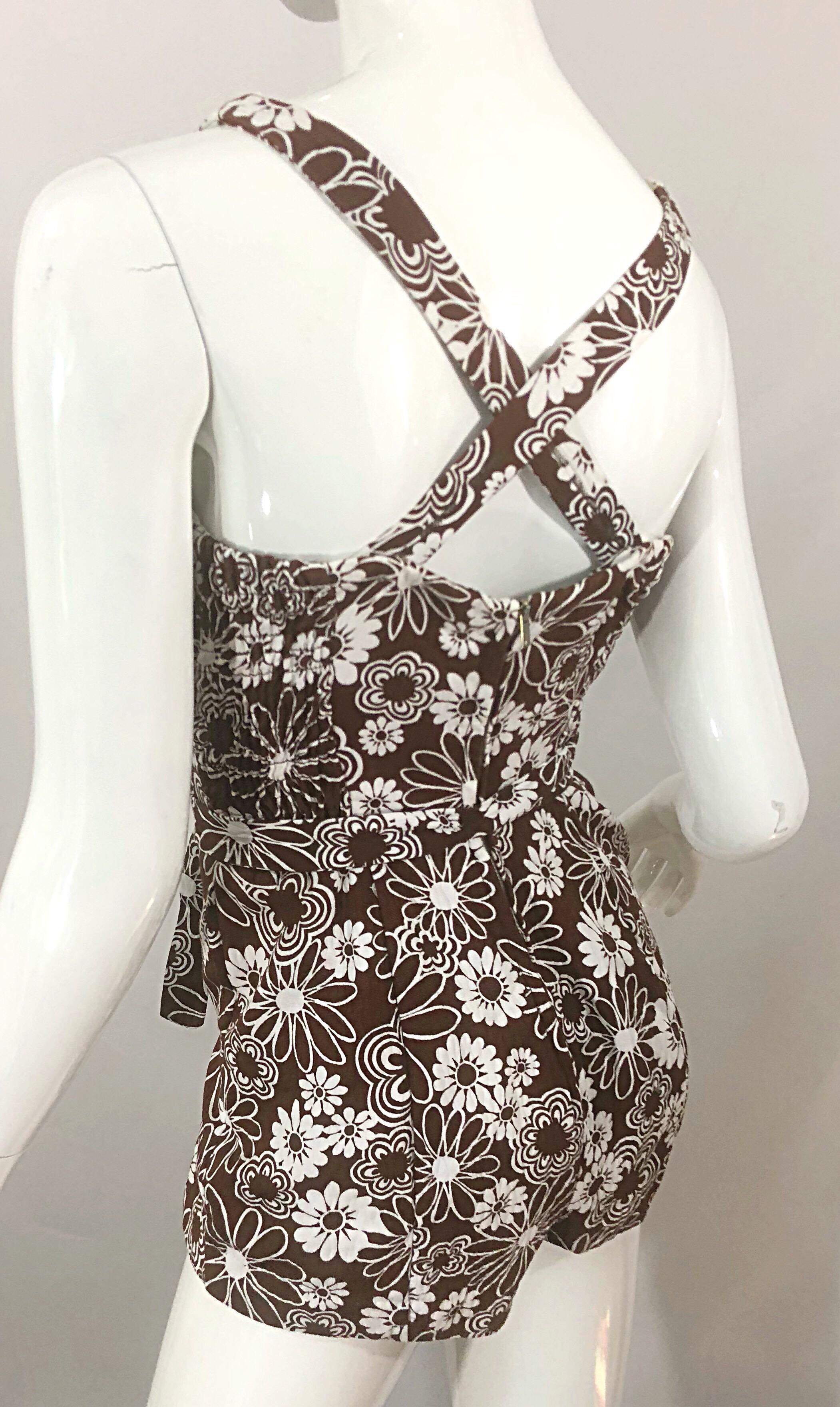 Chic 1960s Brown + White Belted One Piece Romper Swimsuit Vintage 60s Playsuit 2