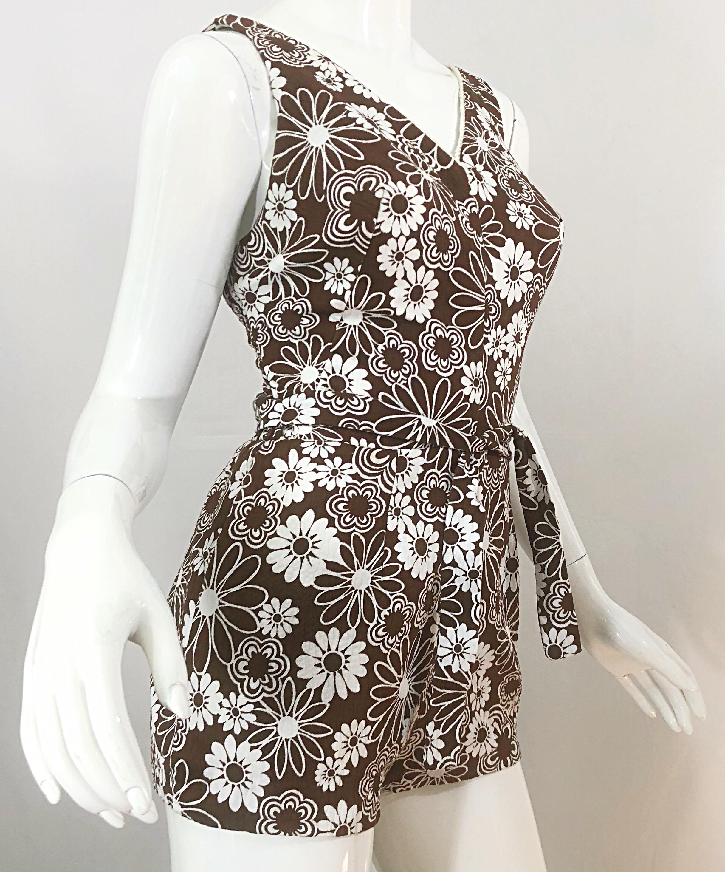 Chic 1960s Brown + White Belted One Piece Romper Swimsuit Vintage 60s Playsuit 3