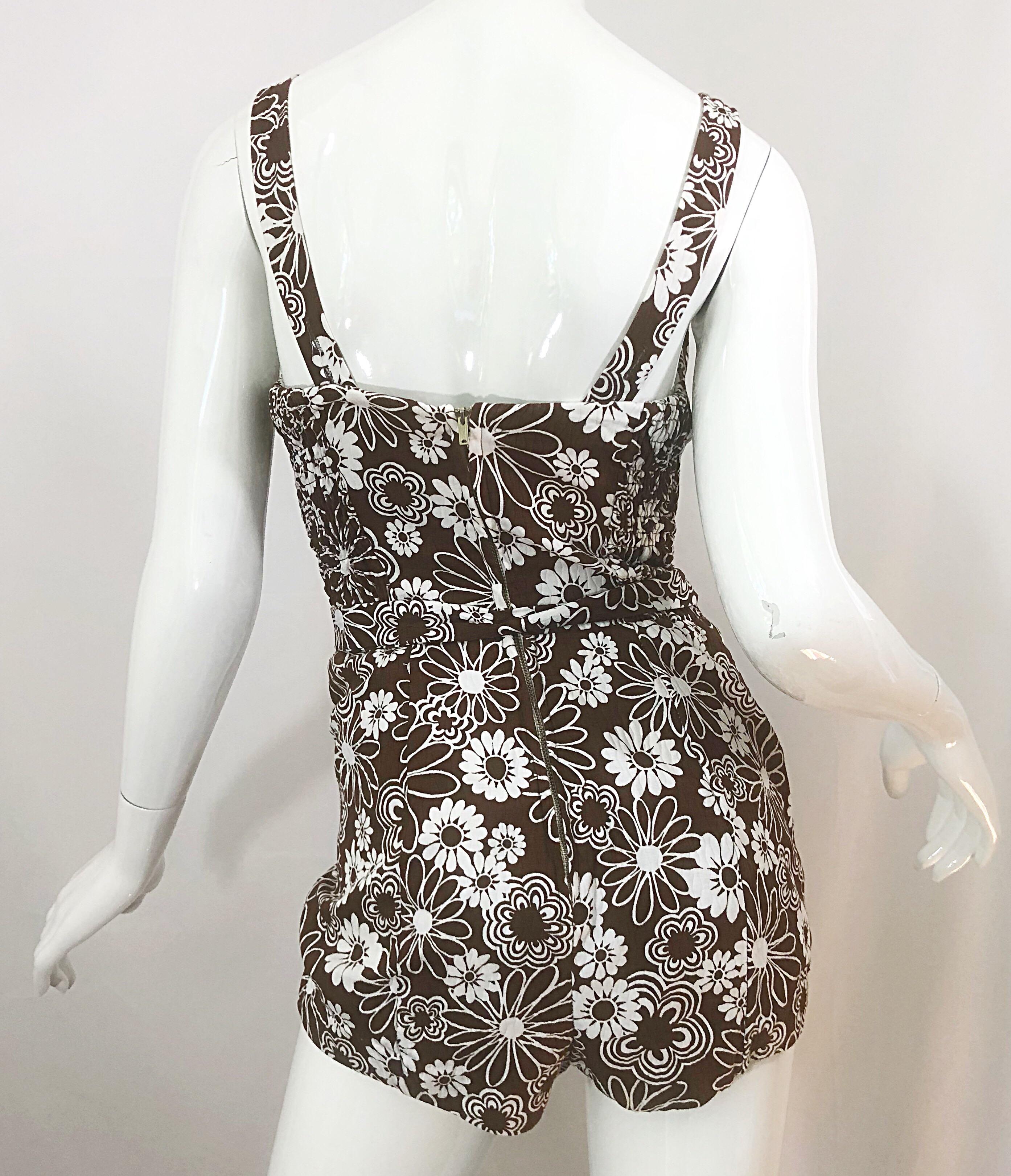 Chic 1960s Brown + White Belted One Piece Romper Swimsuit Vintage 60s Playsuit 4