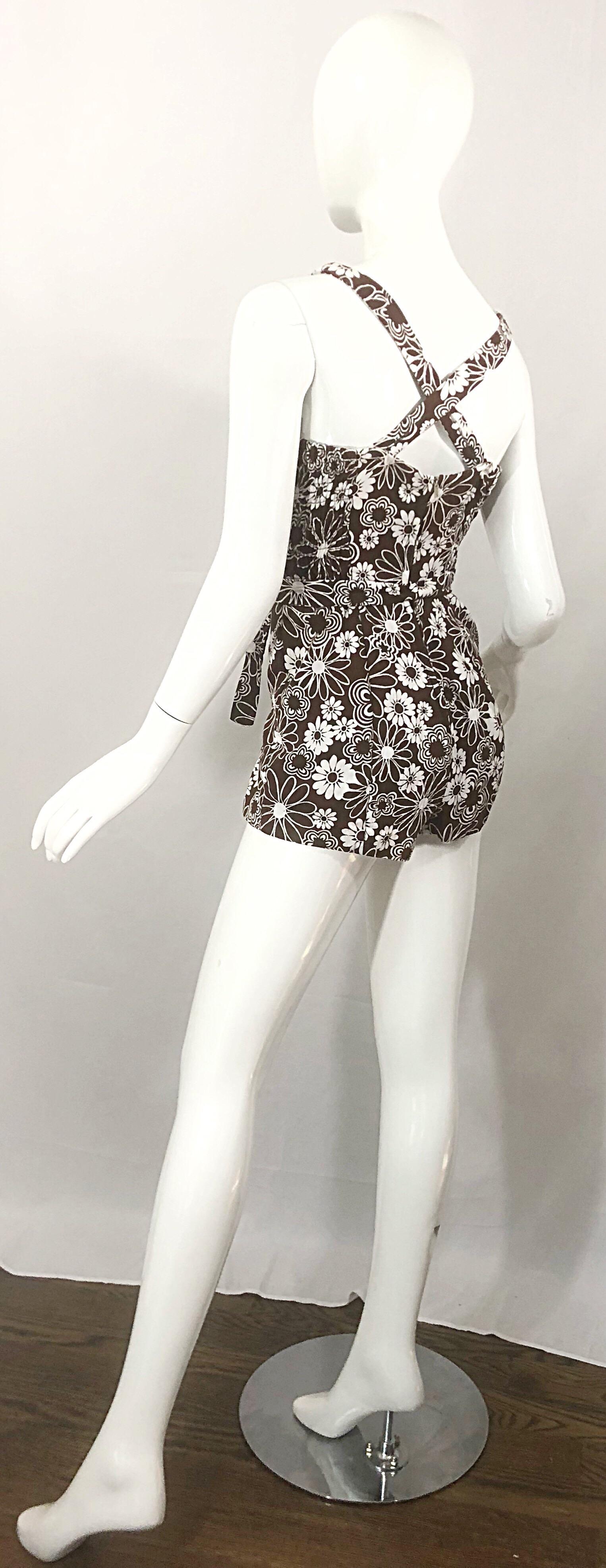 Chic 1960s Brown + White Belted One Piece Romper Swimsuit Vintage 60s Playsuit 7