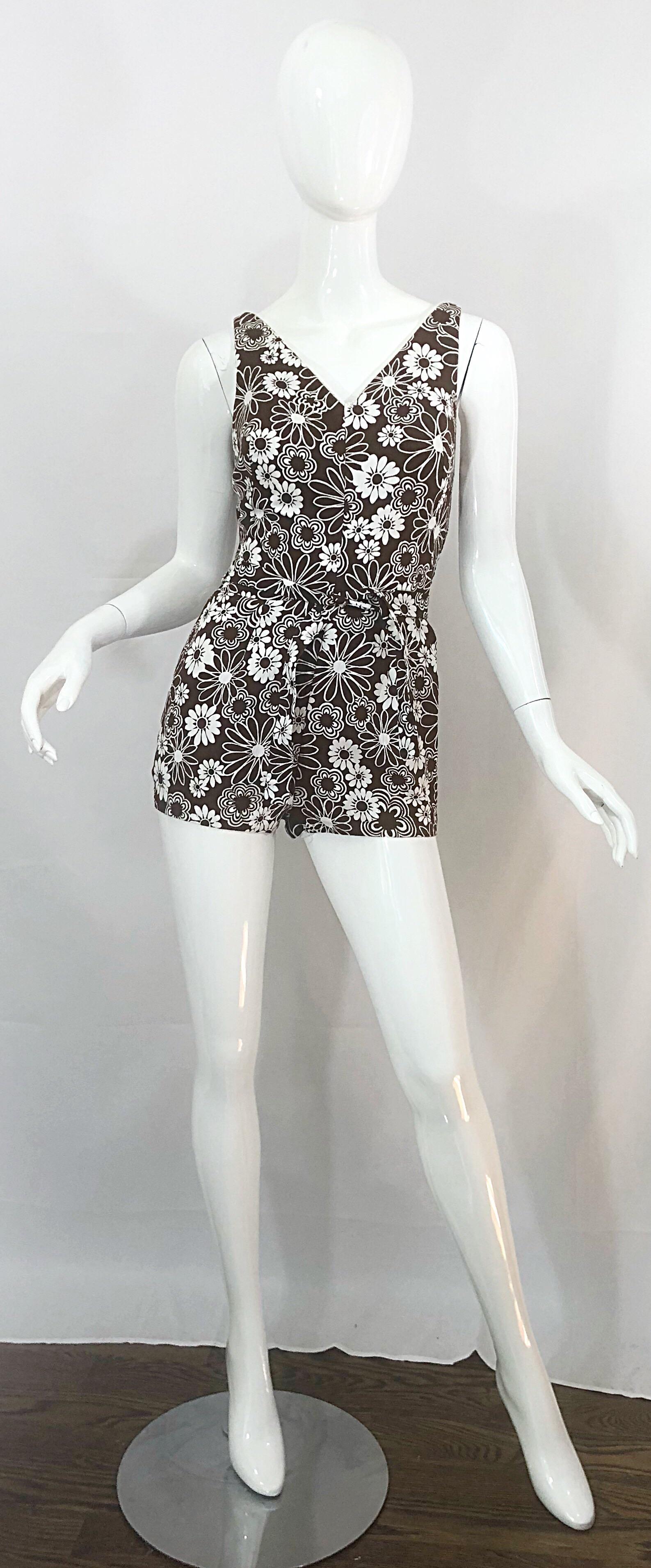 Chic 1960s Brown + White Belted One Piece Romper Swimsuit Vintage 60s Playsuit 8