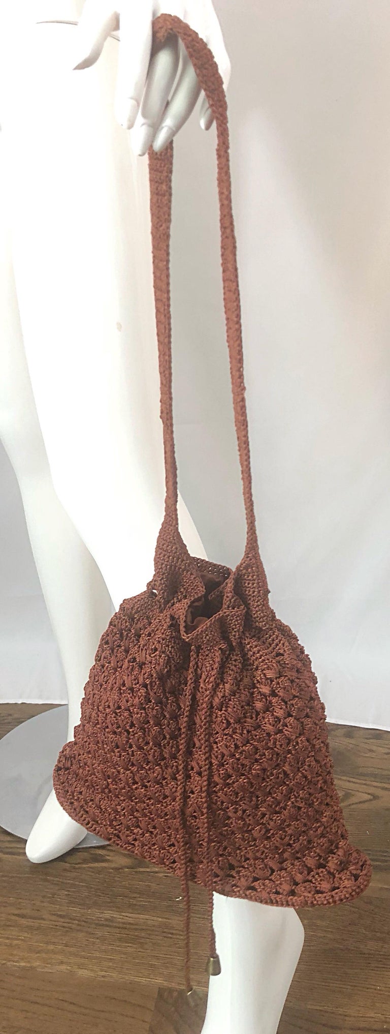1970s Light Brown Italian Rayon Crochet Boho Vintage 70s Hobo Shoulder Bag For Sale at 1stdibs