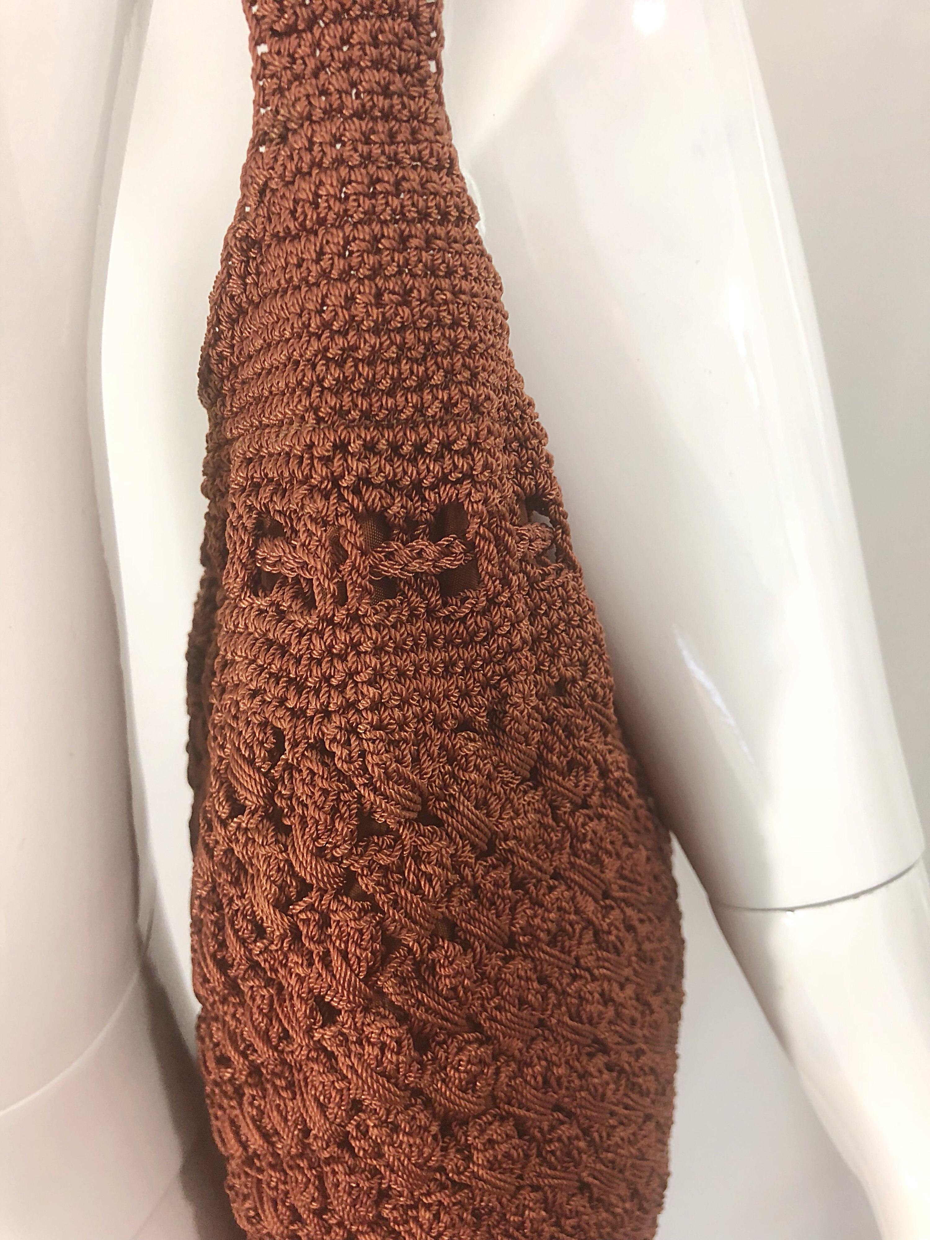 1970s Light Brown Italian Rayon Crochet Boho Vintage 70s Hobo Shoulder Bag  In Excellent Condition For Sale In San Diego, CA