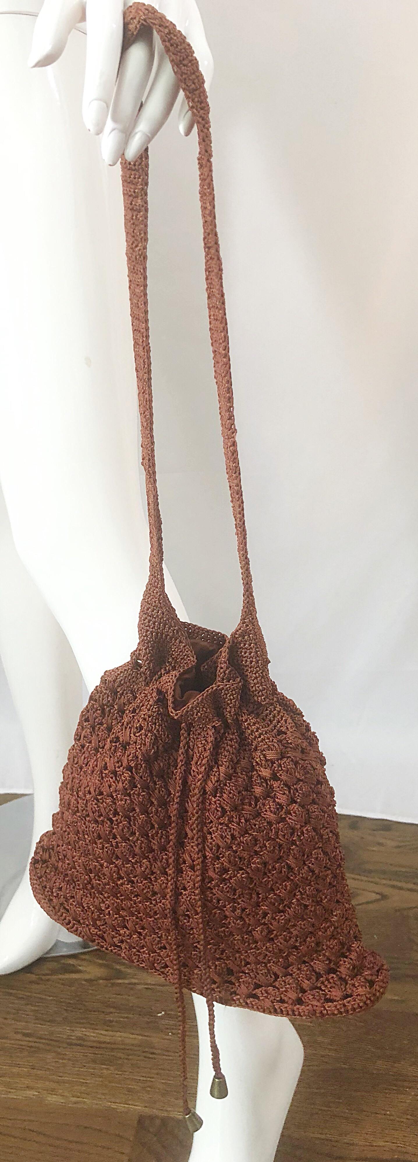 Women's 1970s Light Brown Italian Rayon Crochet Boho Vintage 70s Hobo Shoulder Bag  For Sale