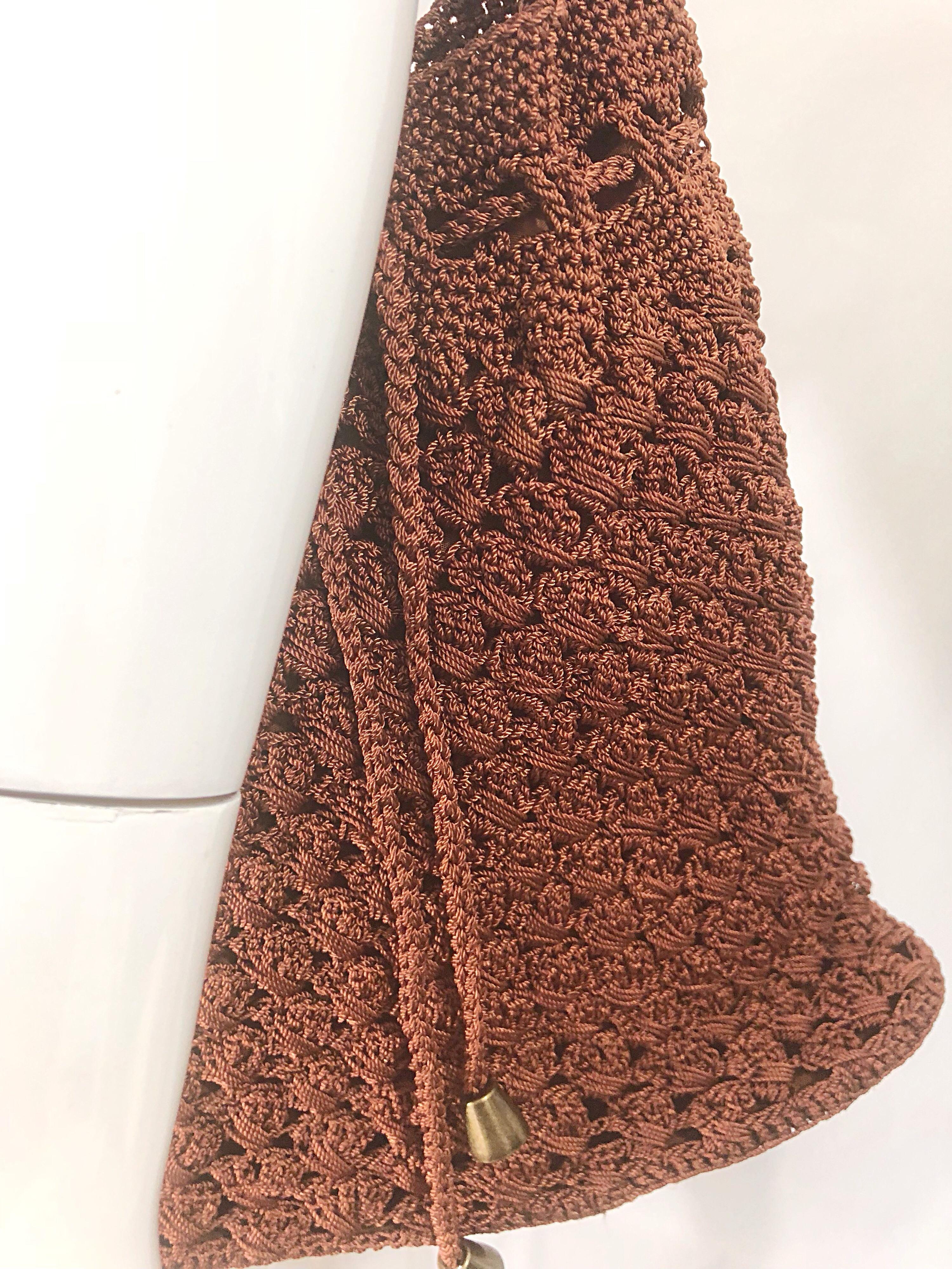 1970s Light Brown Italian Rayon Crochet Boho Vintage 70s Hobo Shoulder Bag  For Sale 1