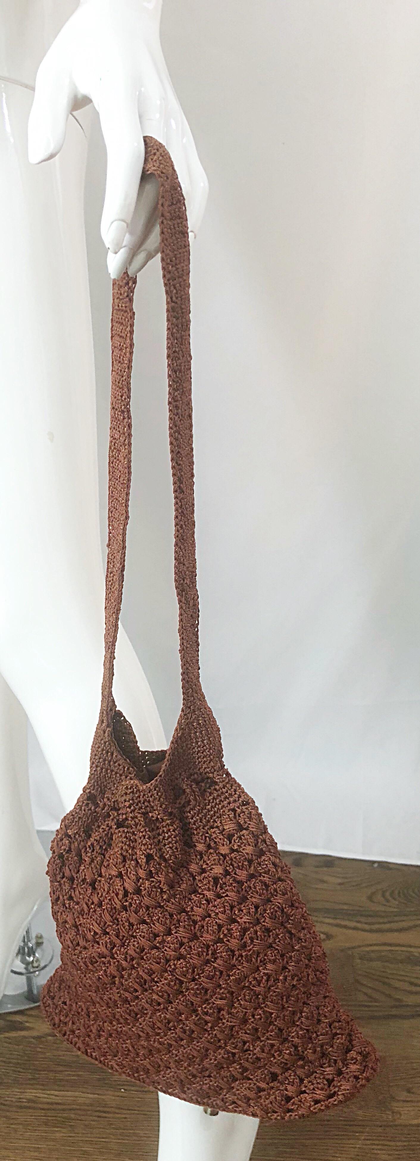 1970s Light Brown Italian Rayon Crochet Boho Vintage 70s Hobo Shoulder Bag  For Sale 2