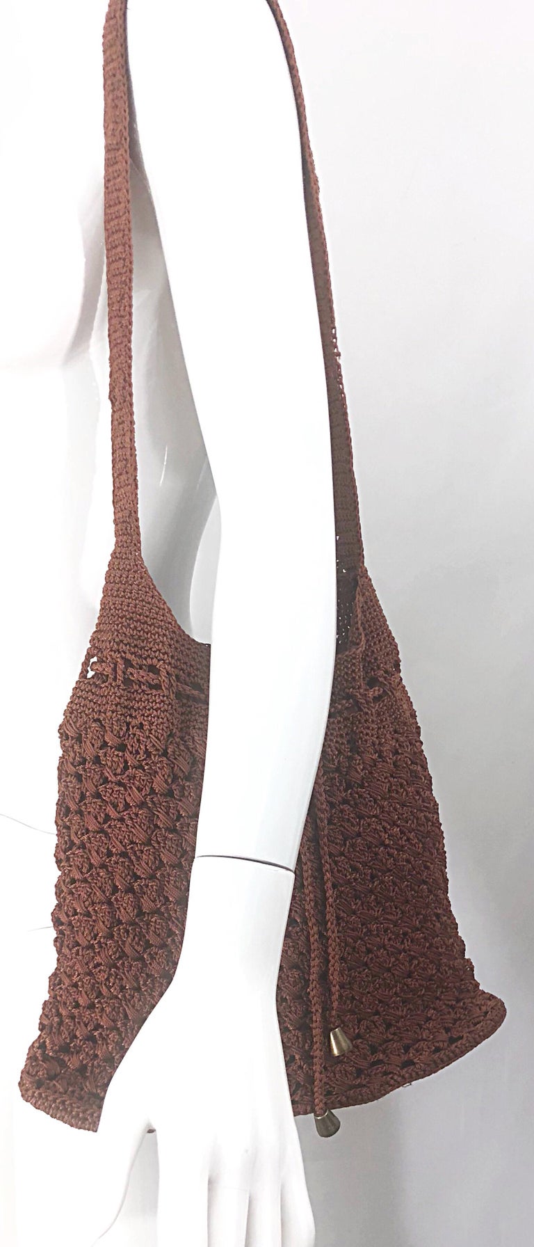 1970s Light Brown Italian Rayon Crochet Boho Vintage 70s Hobo Shoulder Bag For Sale at 1stdibs