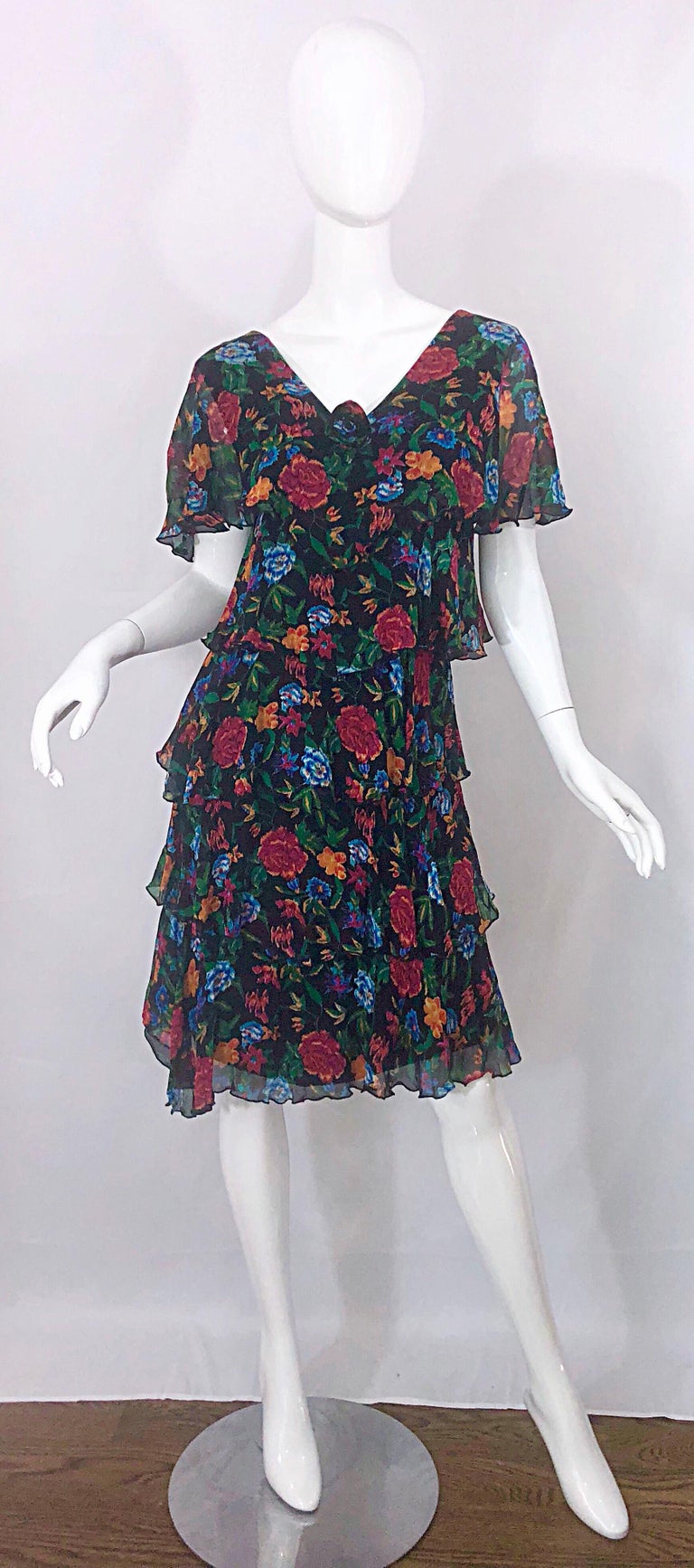 1970s Holly's Harp Silk Ribbon Chiffon Taupe & Black Print Dress