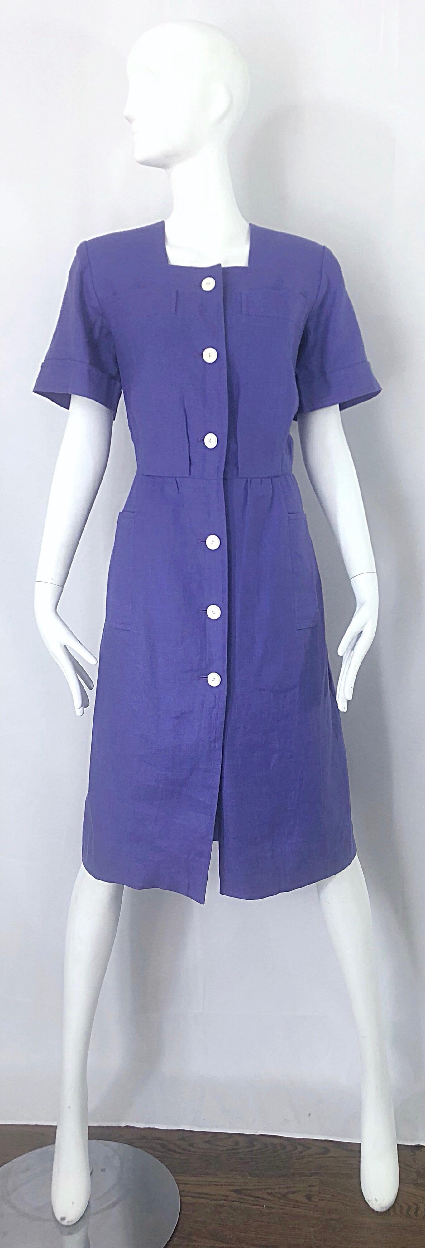 Chic vintage YVES SAINT LAURENT Rive Gauche light lilac lavender purple linen short sleeve shirt dress! Features luxurious soft Irish linen, with pockets at each breast and at each side of the waist. Wonderful fit that is truly flattering to the