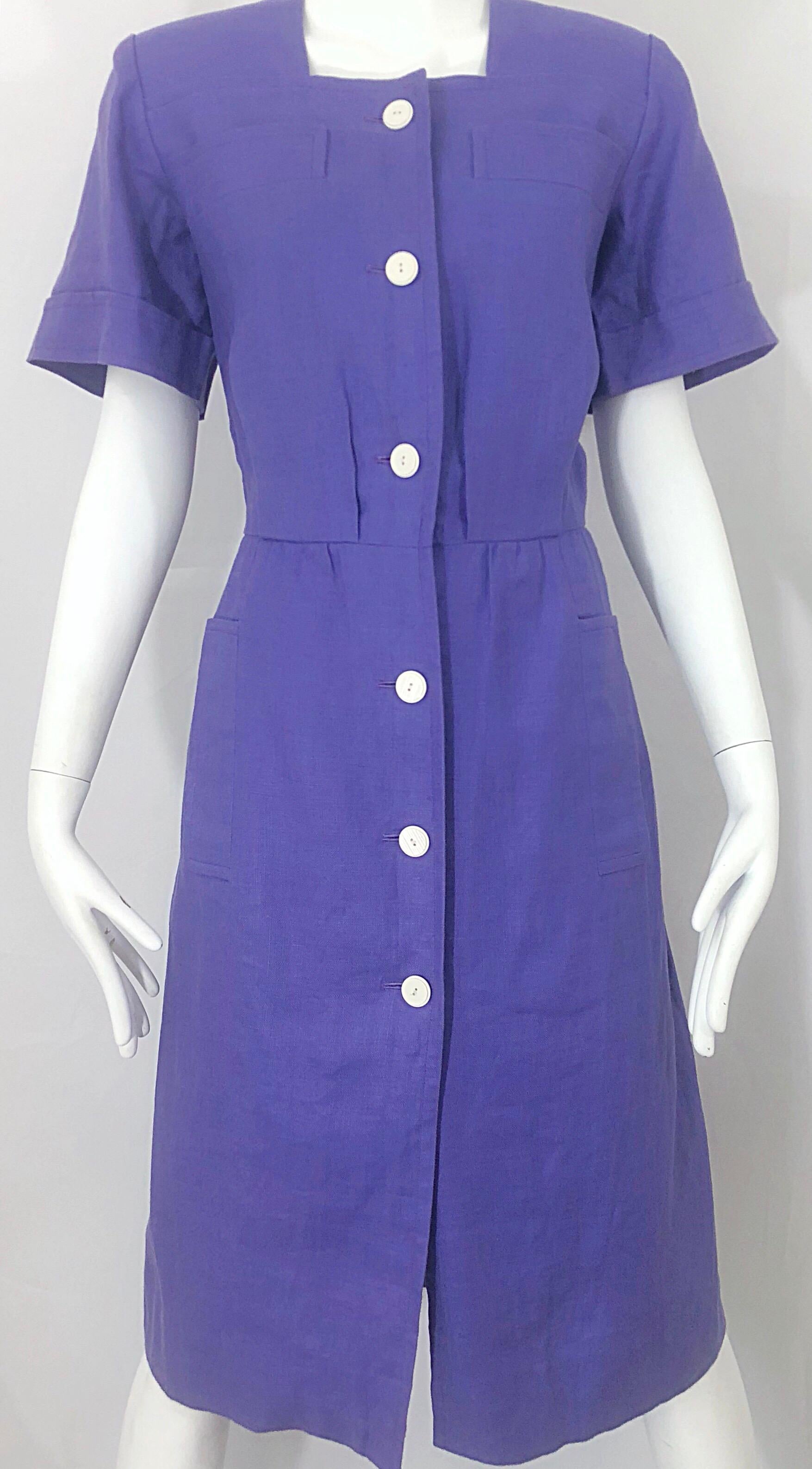 Vintage Yves Saint Laurent Size 46 / 12 Lavender Lilac Purple Linen Dress YSL In Excellent Condition For Sale In San Diego, CA