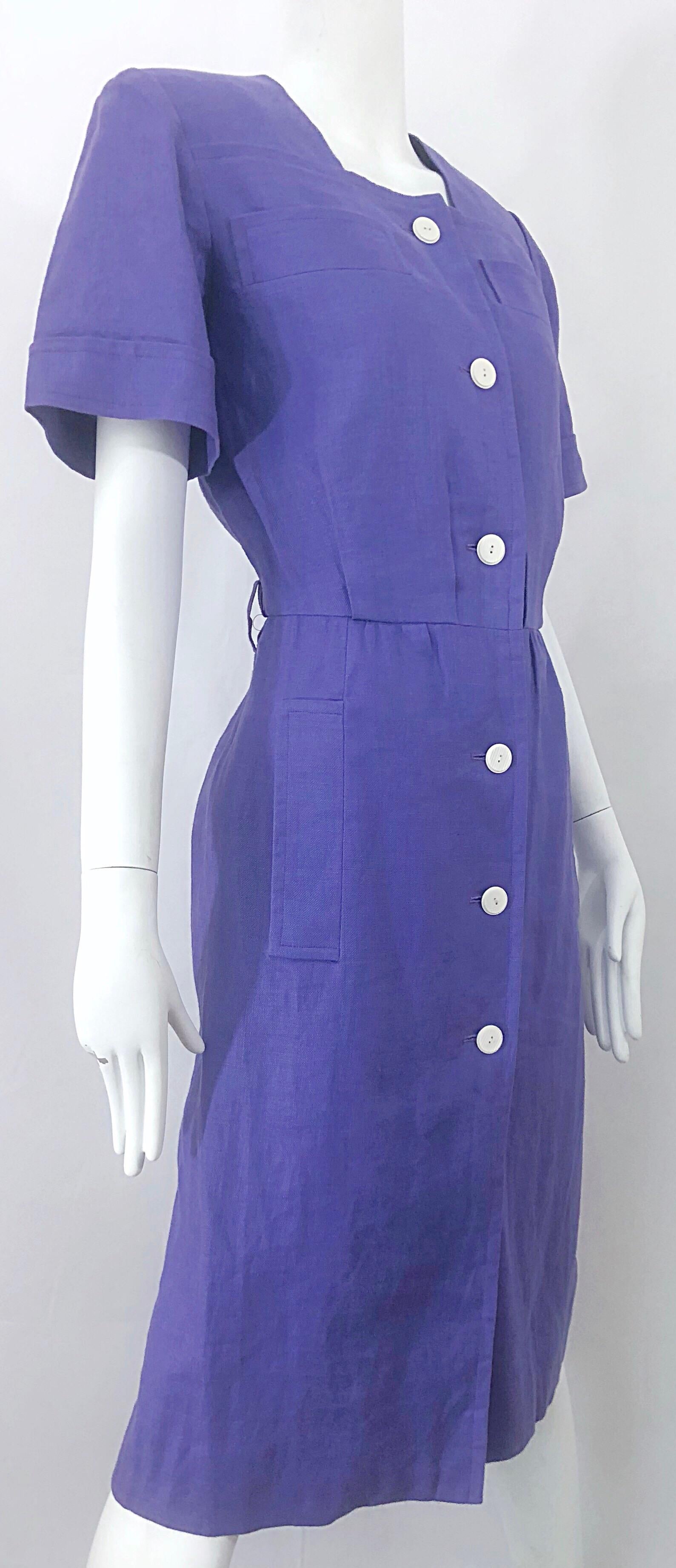 Women's Vintage Yves Saint Laurent Size 46 / 12 Lavender Lilac Purple Linen Dress YSL For Sale