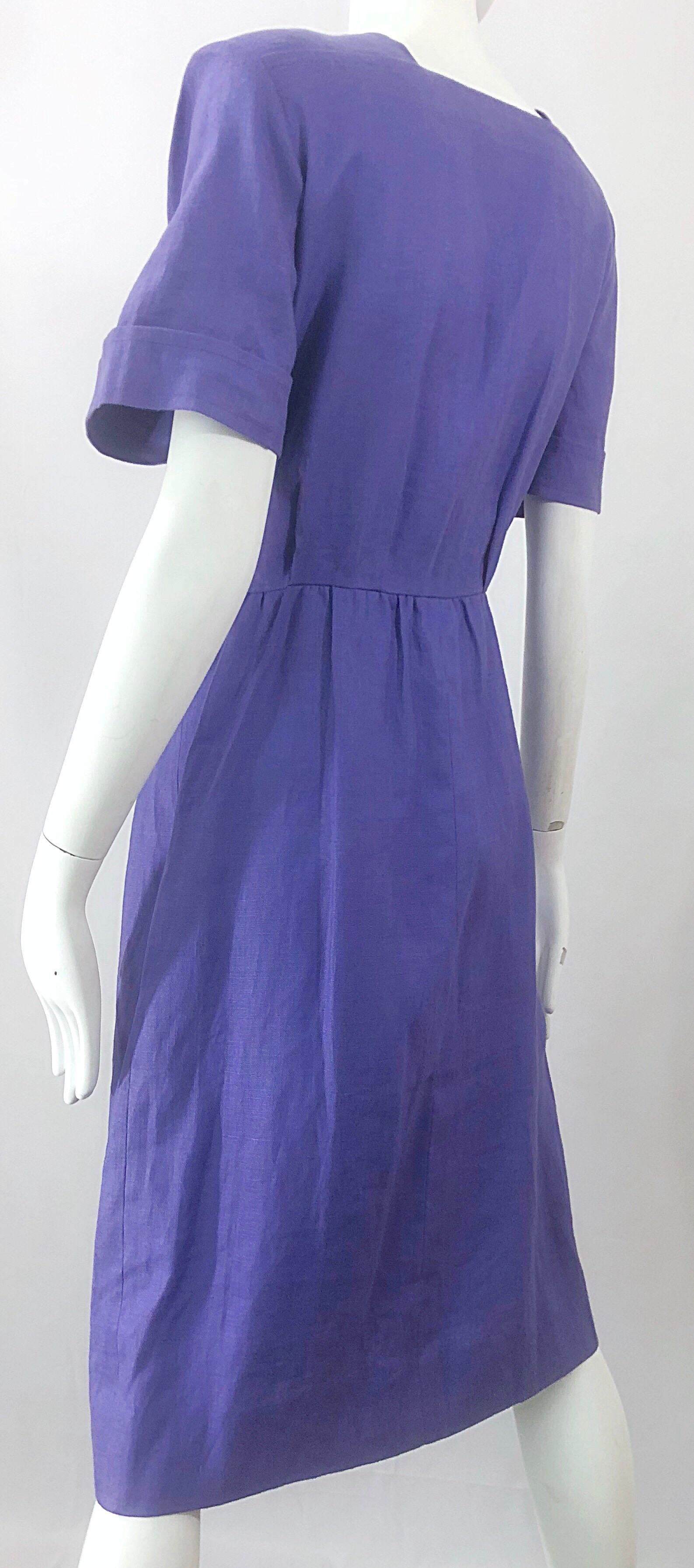 Vintage Yves Saint Laurent Size 46 / 12 Lavender Lilac Purple Linen Dress YSL For Sale 2