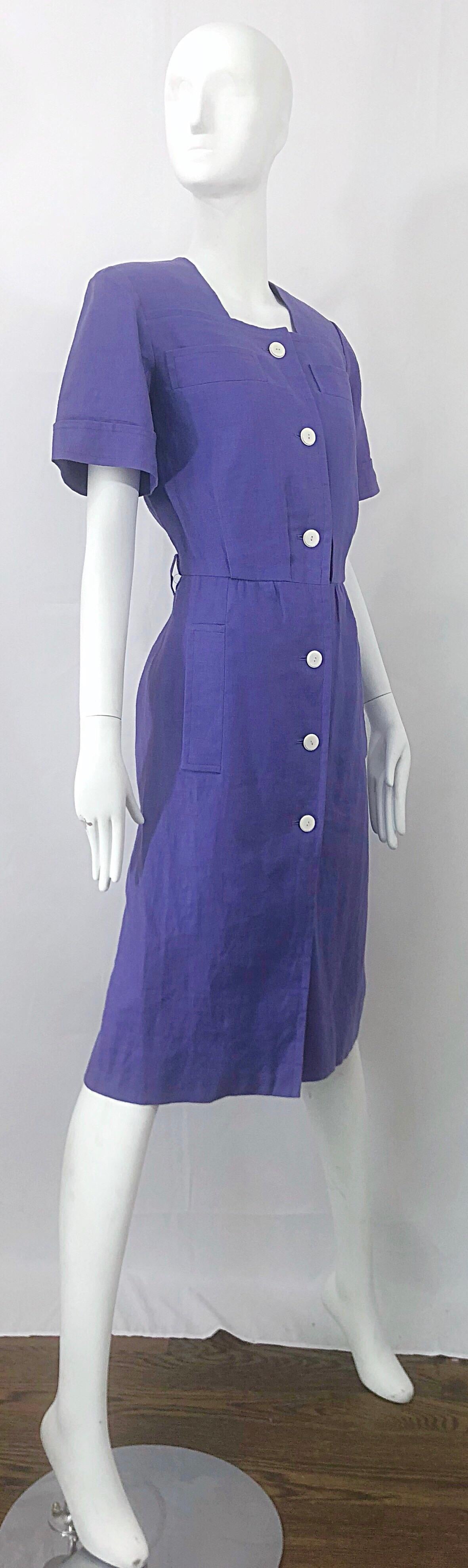Vintage Yves Saint Laurent Size 46 / 12 Lavender Lilac Purple Linen Dress YSL For Sale 3