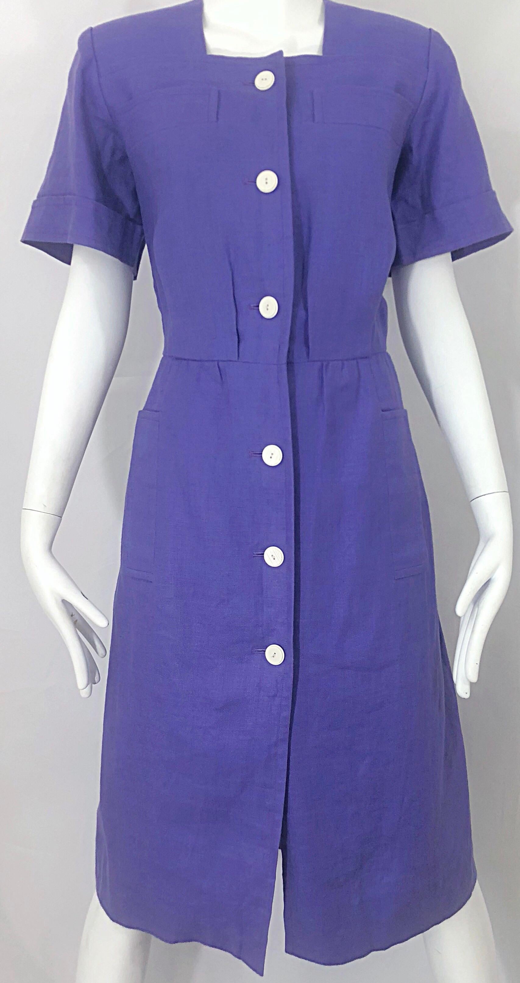 Vintage Yves Saint Laurent Size 46 / 12 Lavender Lilac Purple Linen Dress YSL For Sale 5