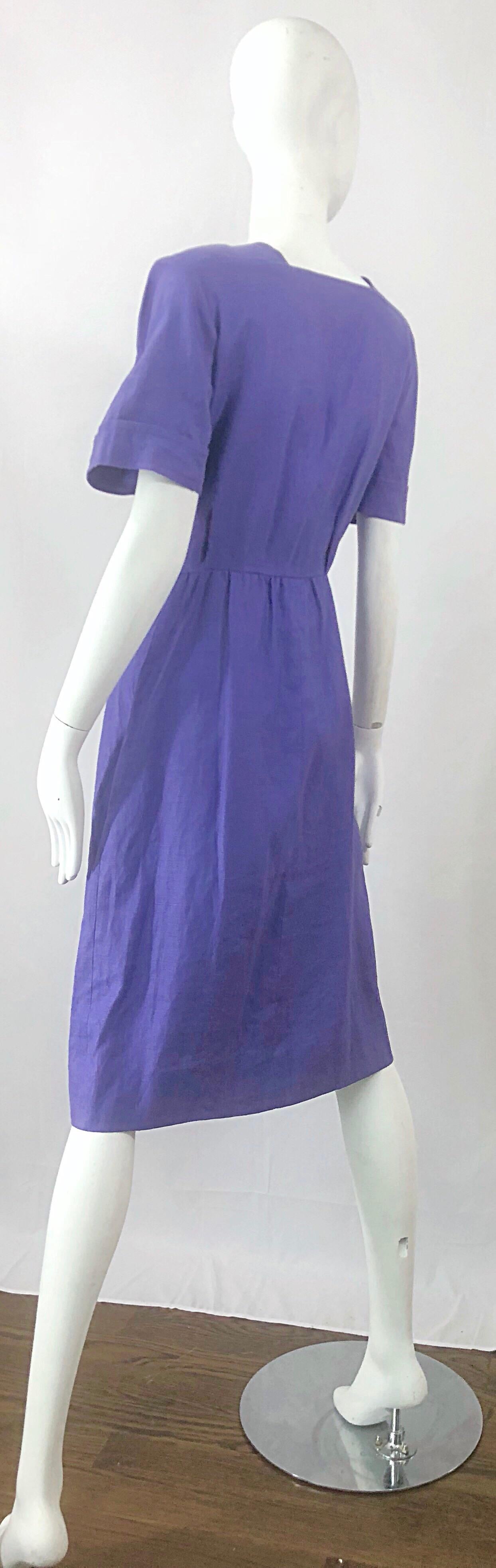 Vintage Yves Saint Laurent Size 46 / 12 Lavender Lilac Purple Linen Dress YSL For Sale 6