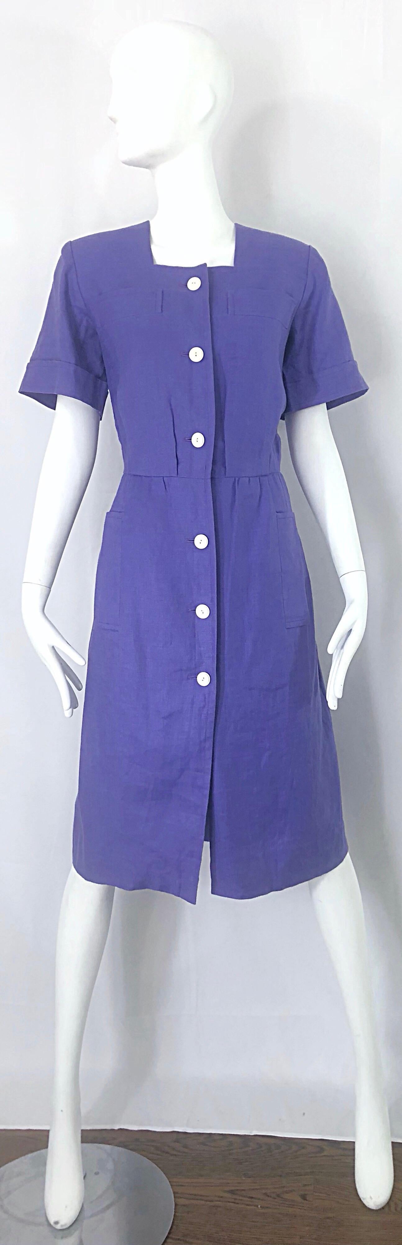 Vintage Yves Saint Laurent Size 46 / 12 Lavender Lilac Purple Linen Dress YSL For Sale 7