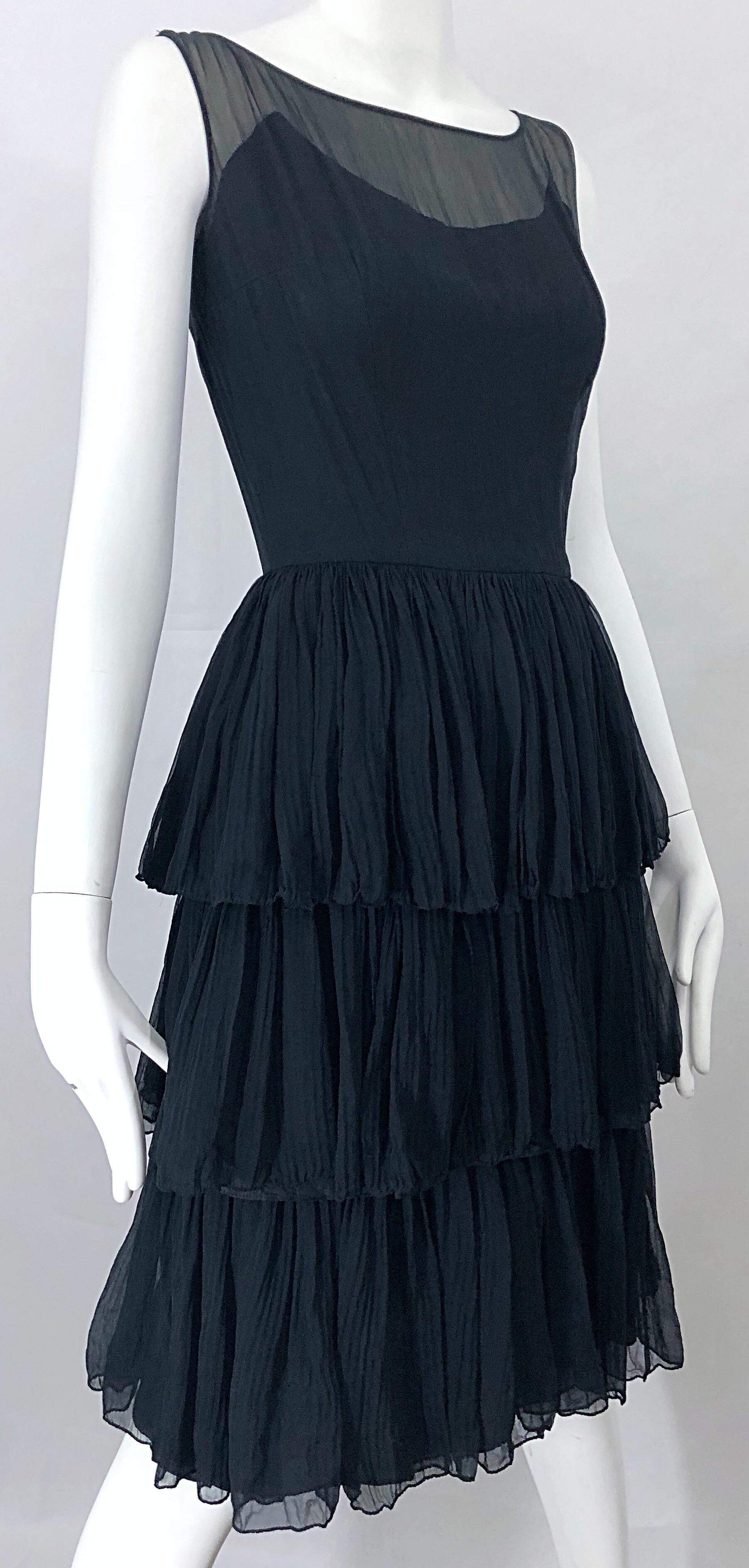 1950s Suzy Perette Black Silk Chiffon Nude Illusion Couture Vintage 50s Dress In Excellent Condition For Sale In San Diego, CA