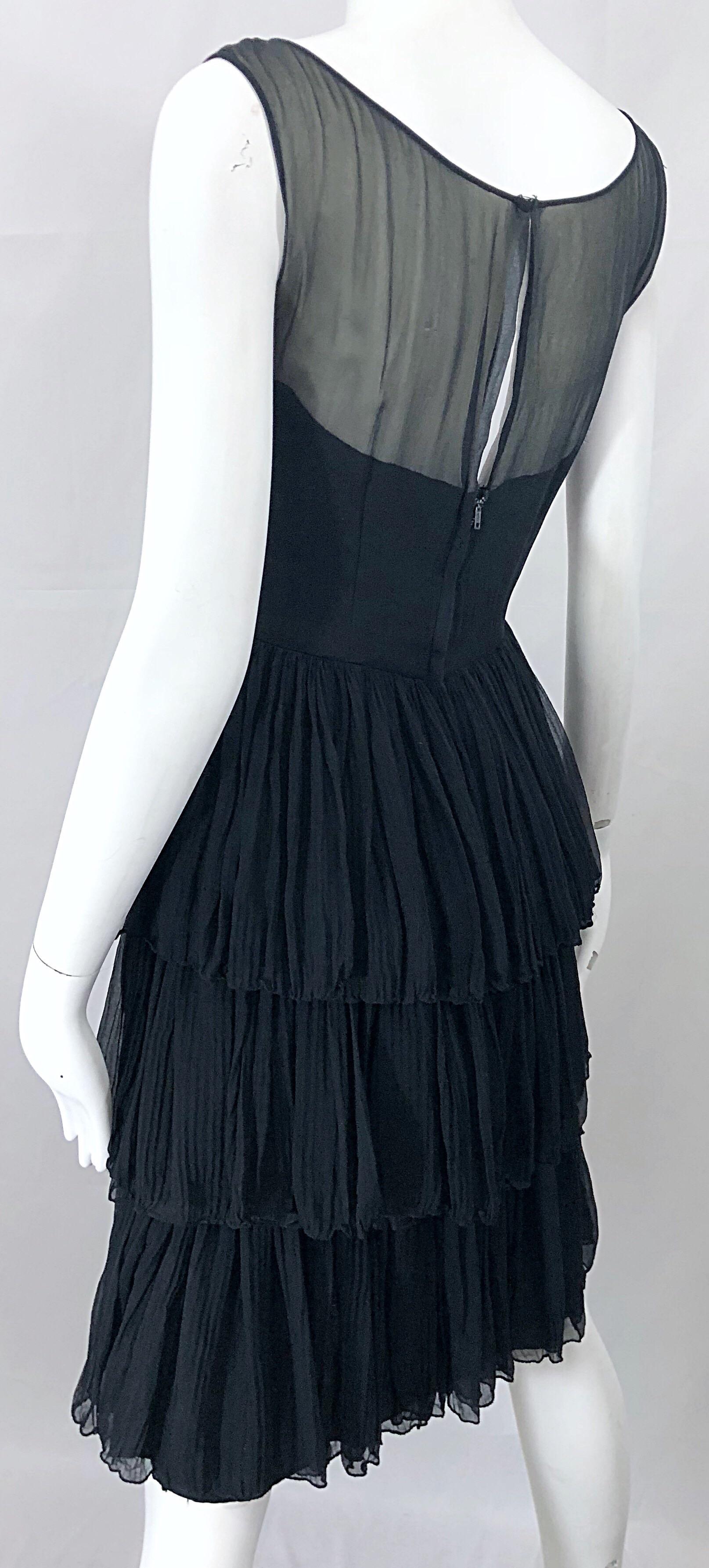 Women's 1950s Suzy Perette Black Silk Chiffon Nude Illusion Couture Vintage 50s Dress For Sale