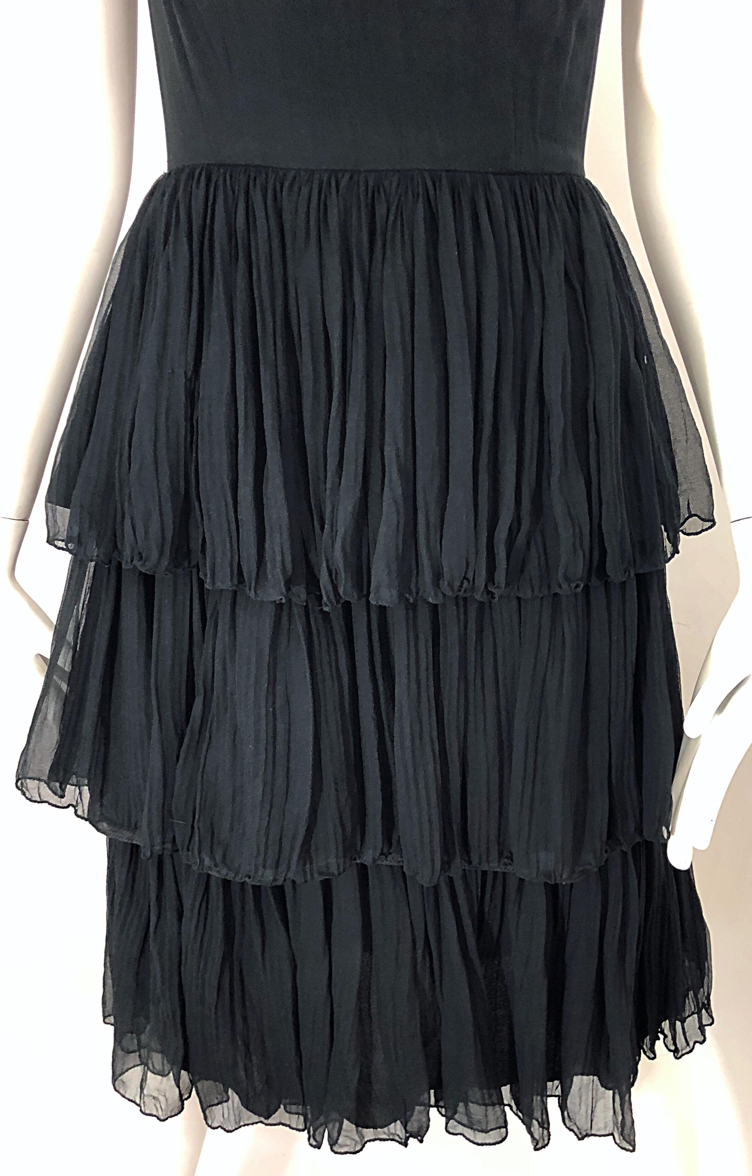 1950s Suzy Perette Black Silk Chiffon Nude Illusion Couture Vintage 50s Dress For Sale 1