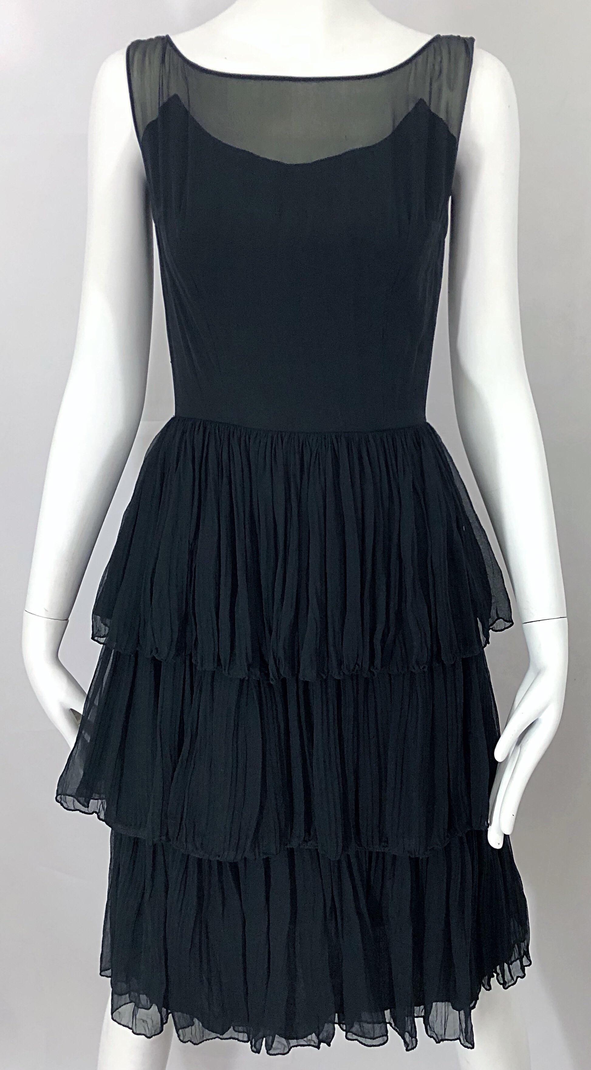 1950s Suzy Perette Black Silk Chiffon Nude Illusion Couture Vintage 50s Dress For Sale 2